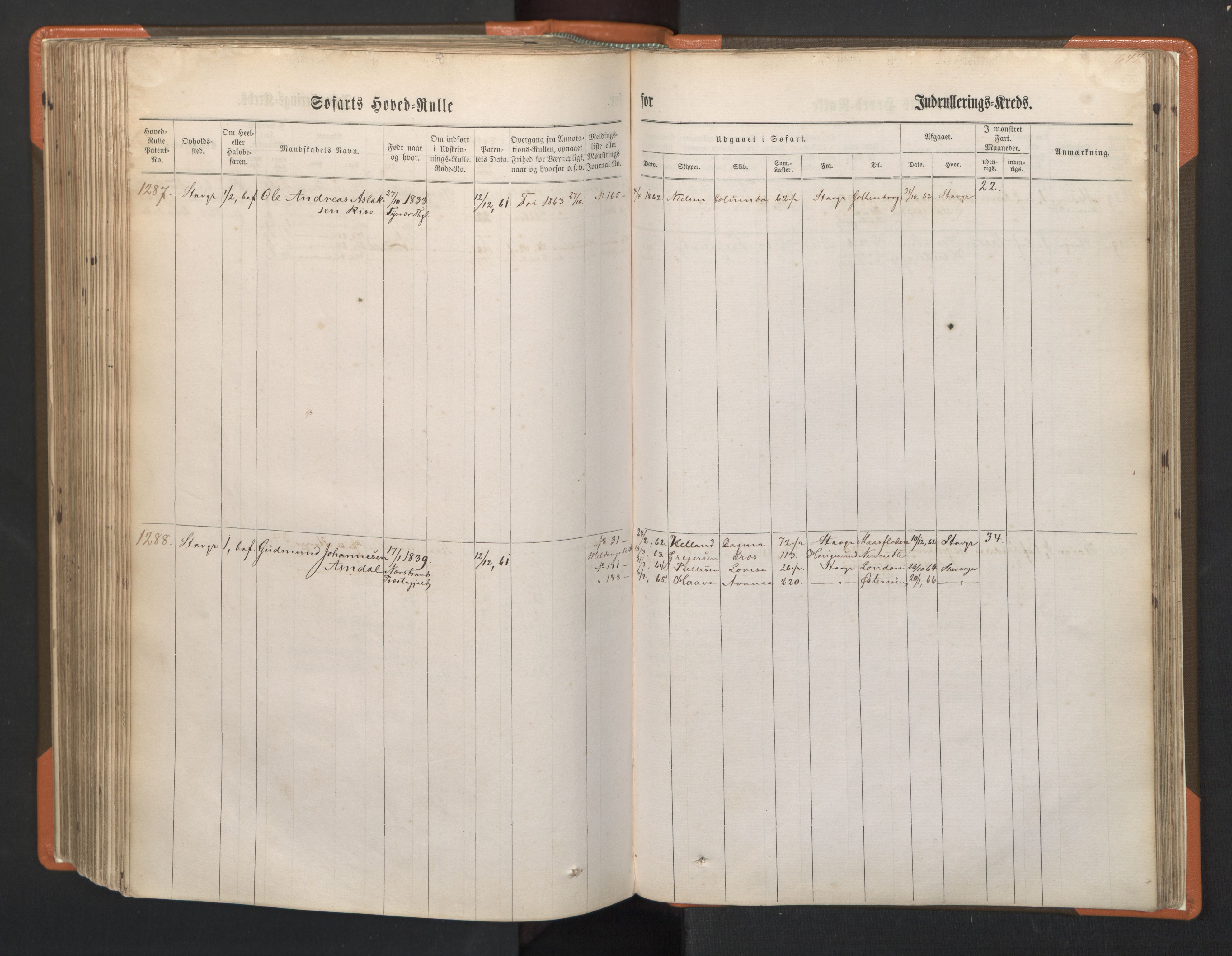 Stavanger sjømannskontor, AV/SAST-A-102006/F/Fb/Fbb/L0002: Sjøfartshovedrulle, patentnr. 721-1450 (del 2), 1863, p. 292