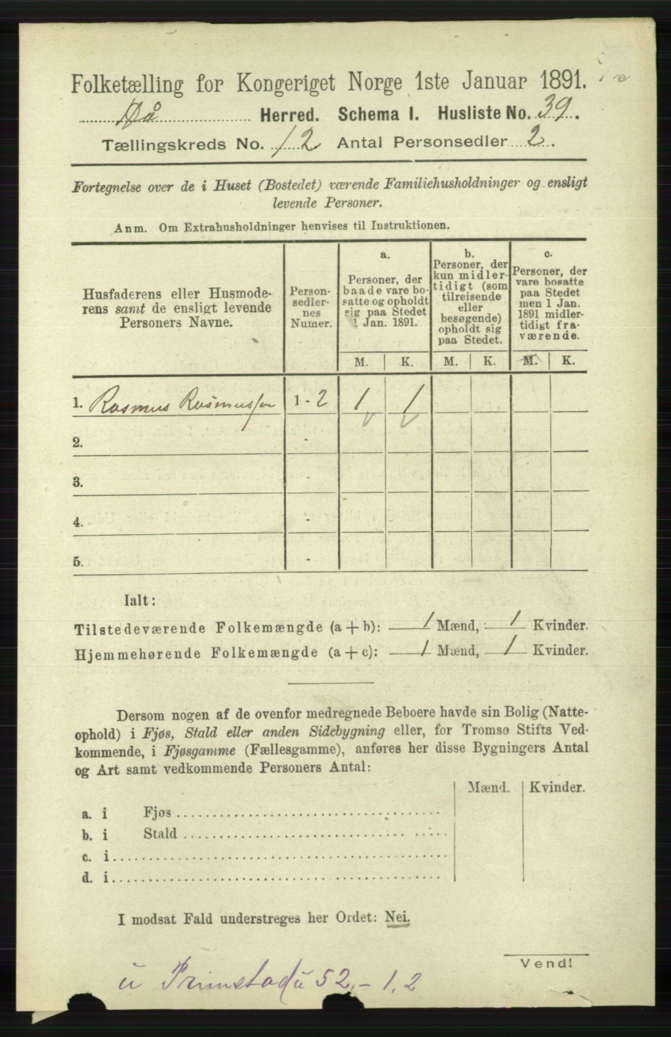 RA, 1891 census for 1119 Hå, 1891, p. 2879