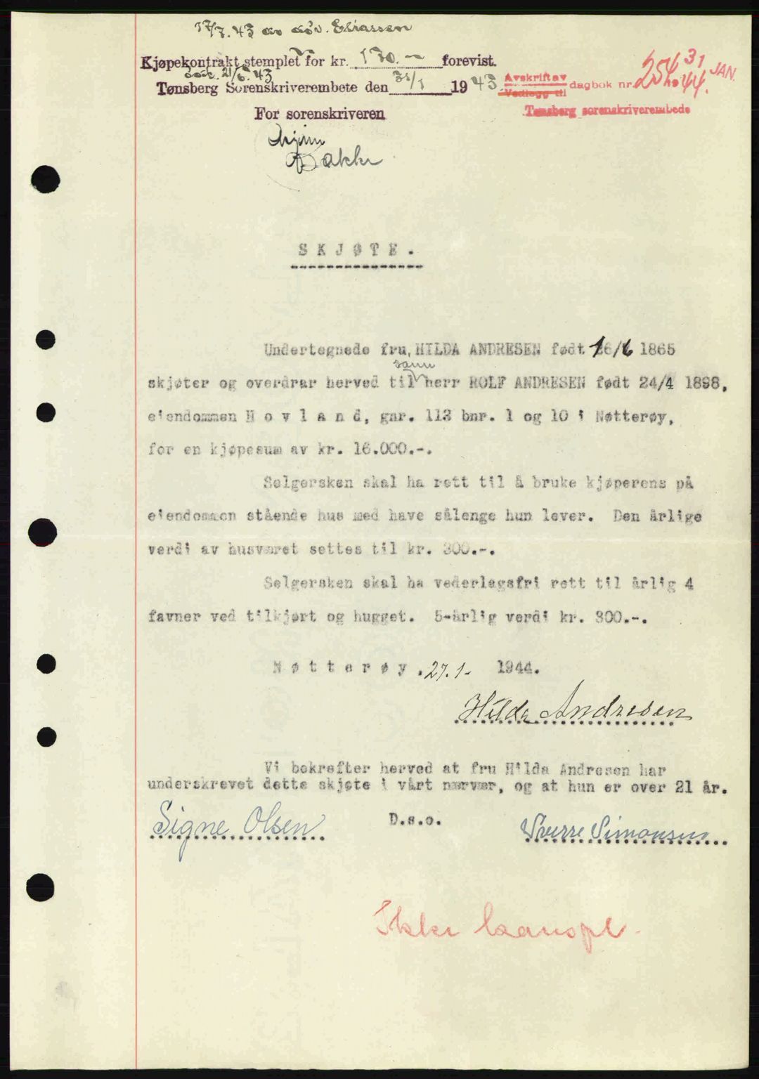 Tønsberg sorenskriveri, AV/SAKO-A-130/G/Ga/Gaa/L0014: Mortgage book no. A14, 1943-1944, Diary no: : 254/1944