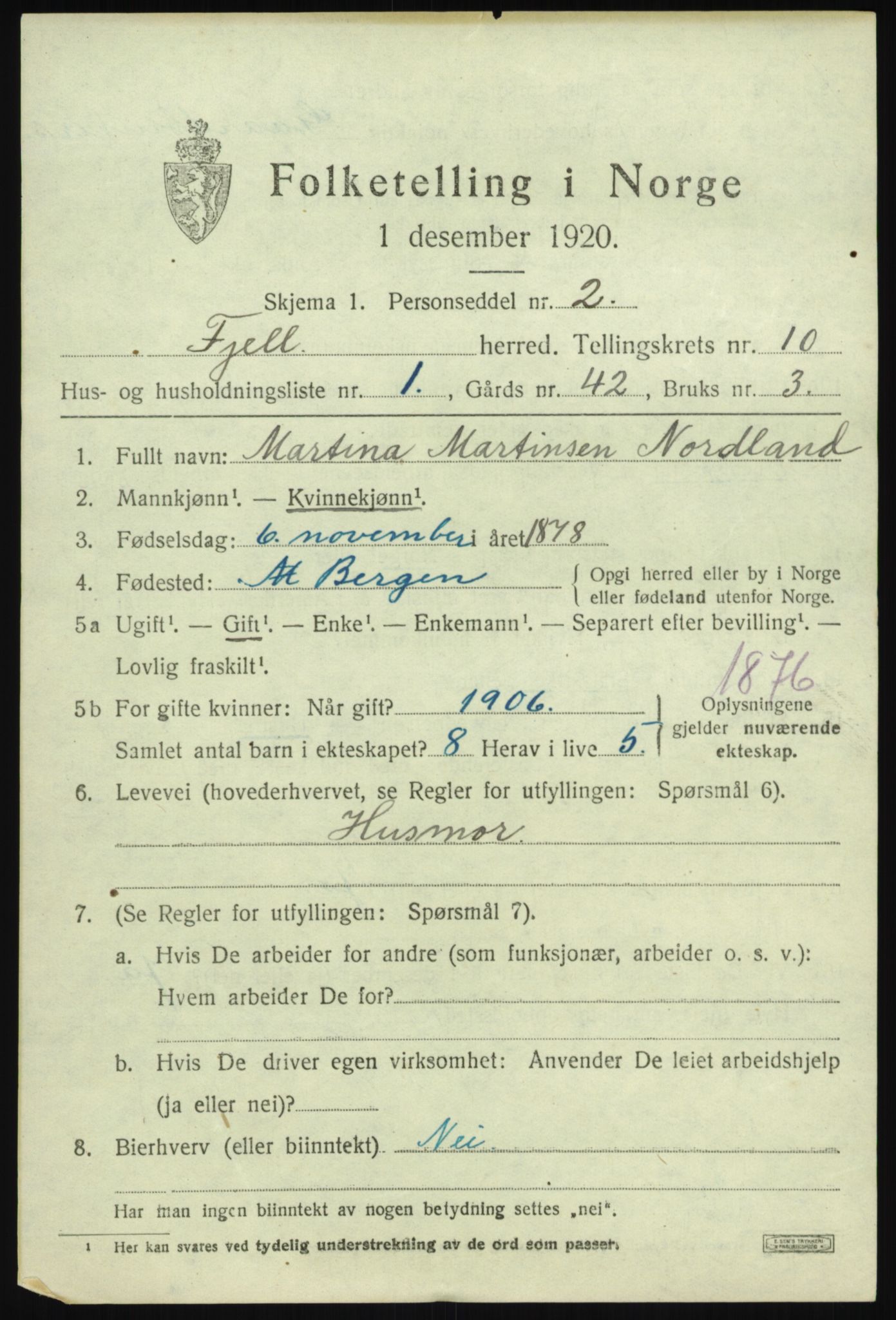 SAB, 1920 census for Fjell, 1920, p. 9032