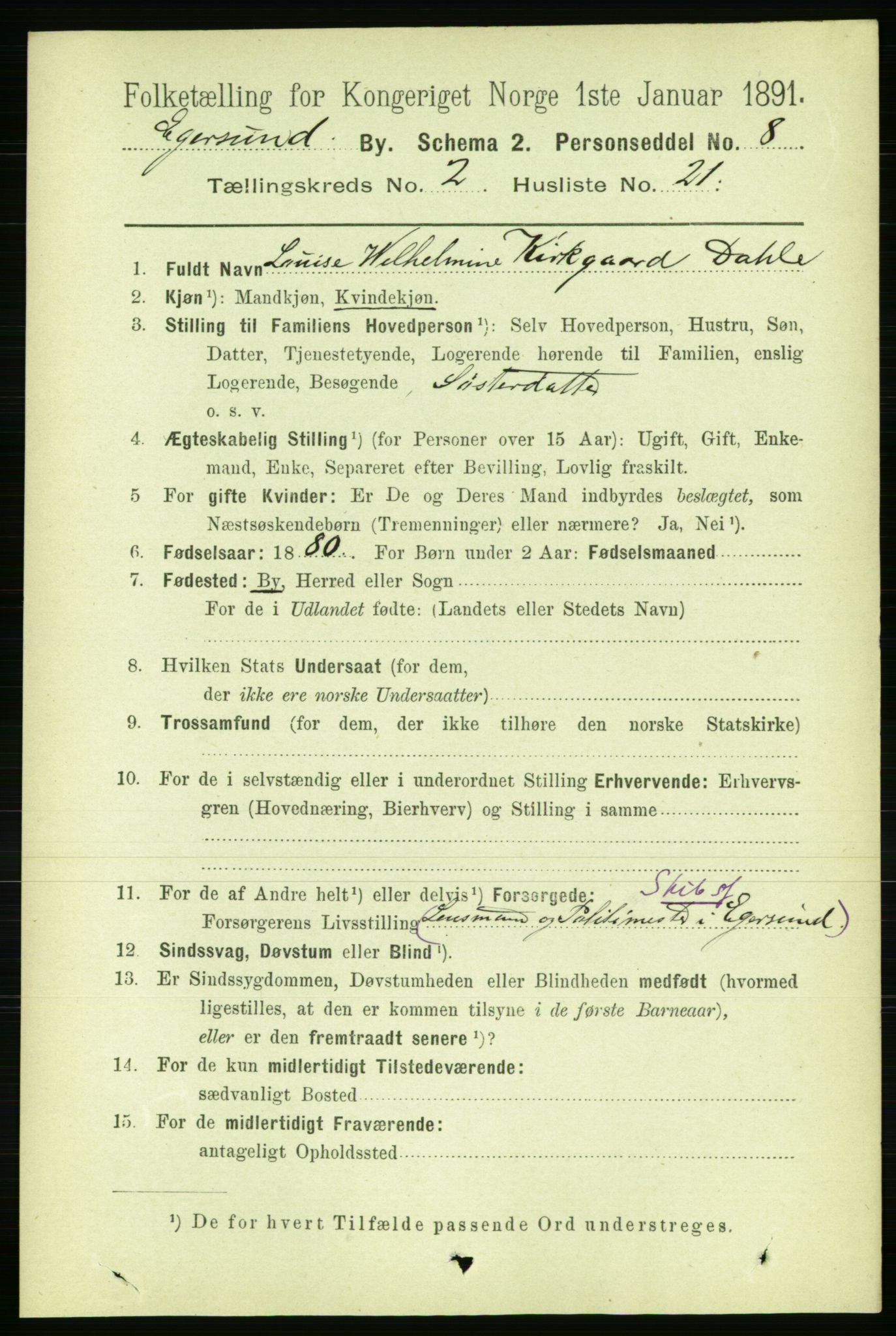 RA, 1891 census for 1101 Egersund, 1891, p. 398