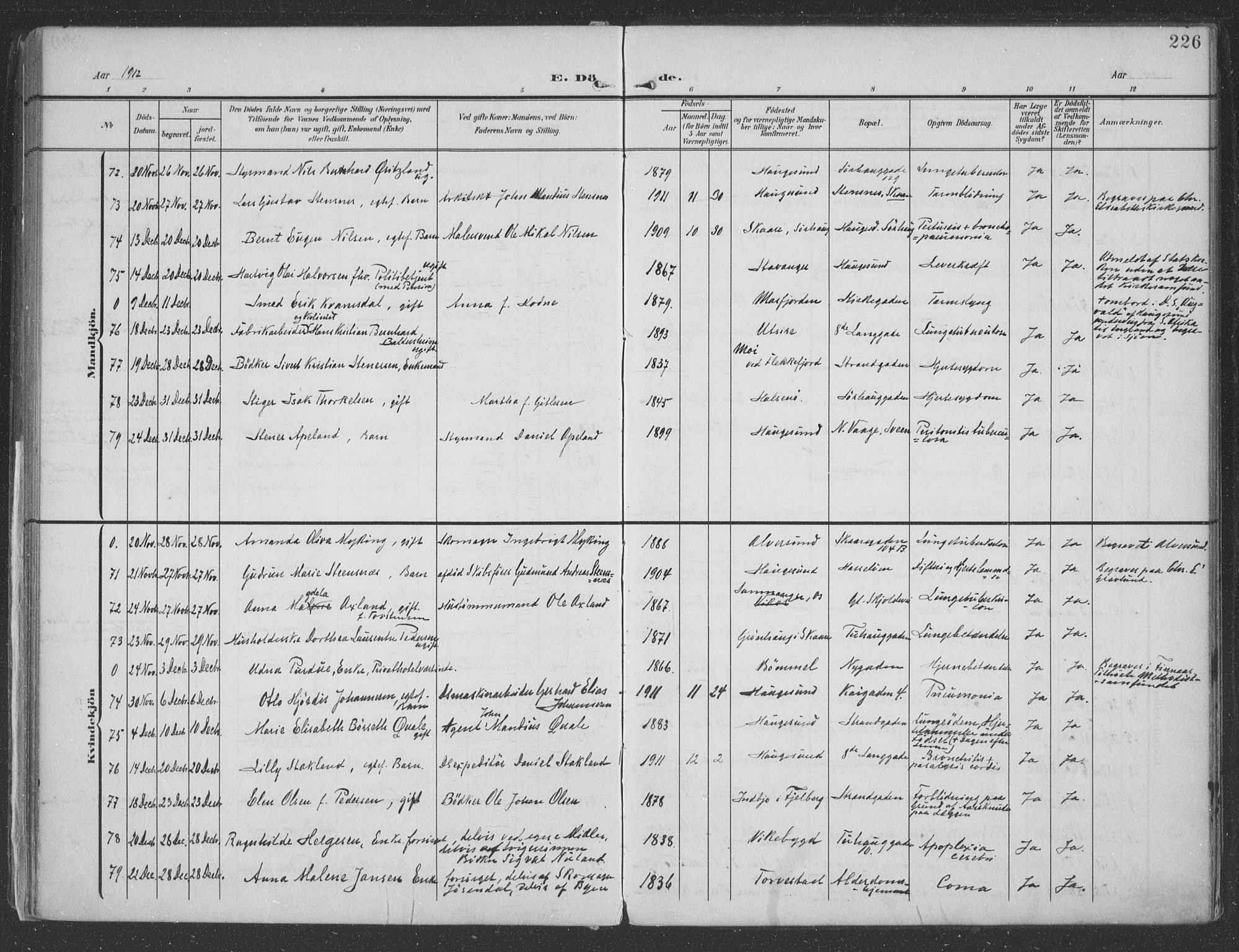 Haugesund sokneprestkontor, AV/SAST-A -101863/H/Ha/Haa/L0007: Parish register (official) no. A 7, 1904-1916, p. 226