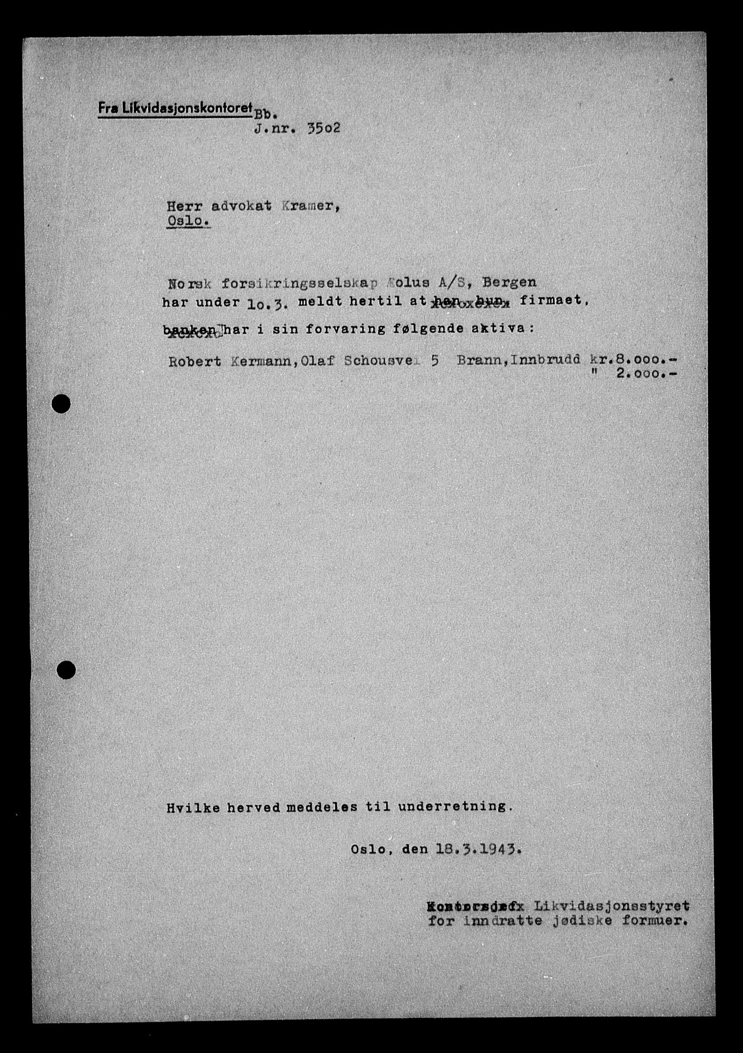 Justisdepartementet, Tilbakeføringskontoret for inndratte formuer, AV/RA-S-1564/H/Hc/Hcc/L0951: --, 1945-1947, p. 252