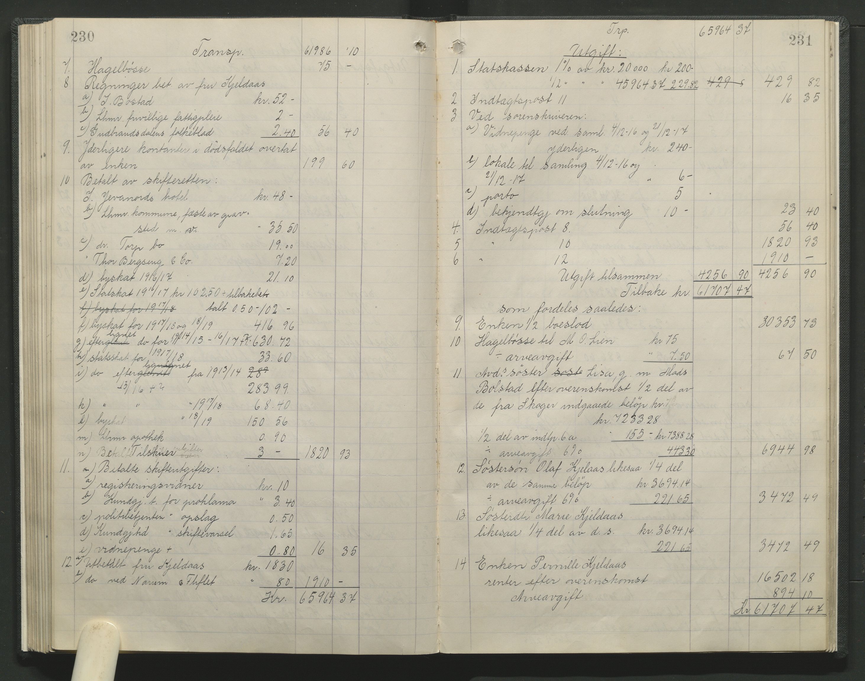 Sør-Gudbrandsdal tingrett, AV/SAH-TING-004/J/Ja/Jag/L0001: Skifteutlodningsprotokoll - Lillehammer by, 1903-1923, p. 230-231