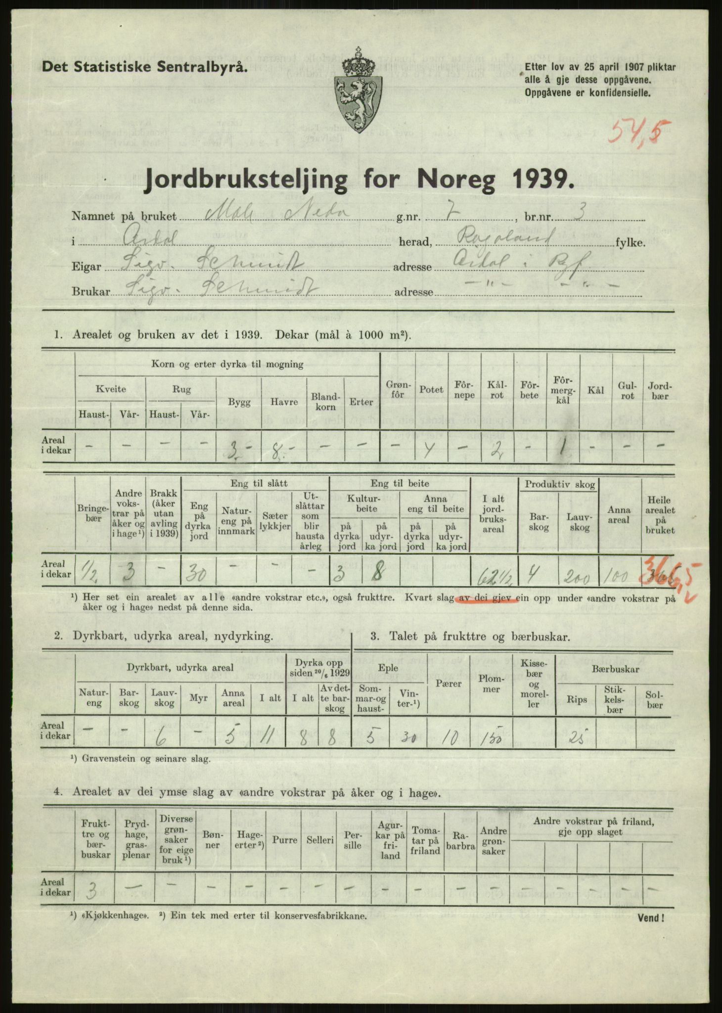 Statistisk sentralbyrå, Næringsøkonomiske emner, Jordbruk, skogbruk, jakt, fiske og fangst, AV/RA-S-2234/G/Gb/L0184: Rogaland: Årdal, Fister og Hjelmeland, 1939, p. 689