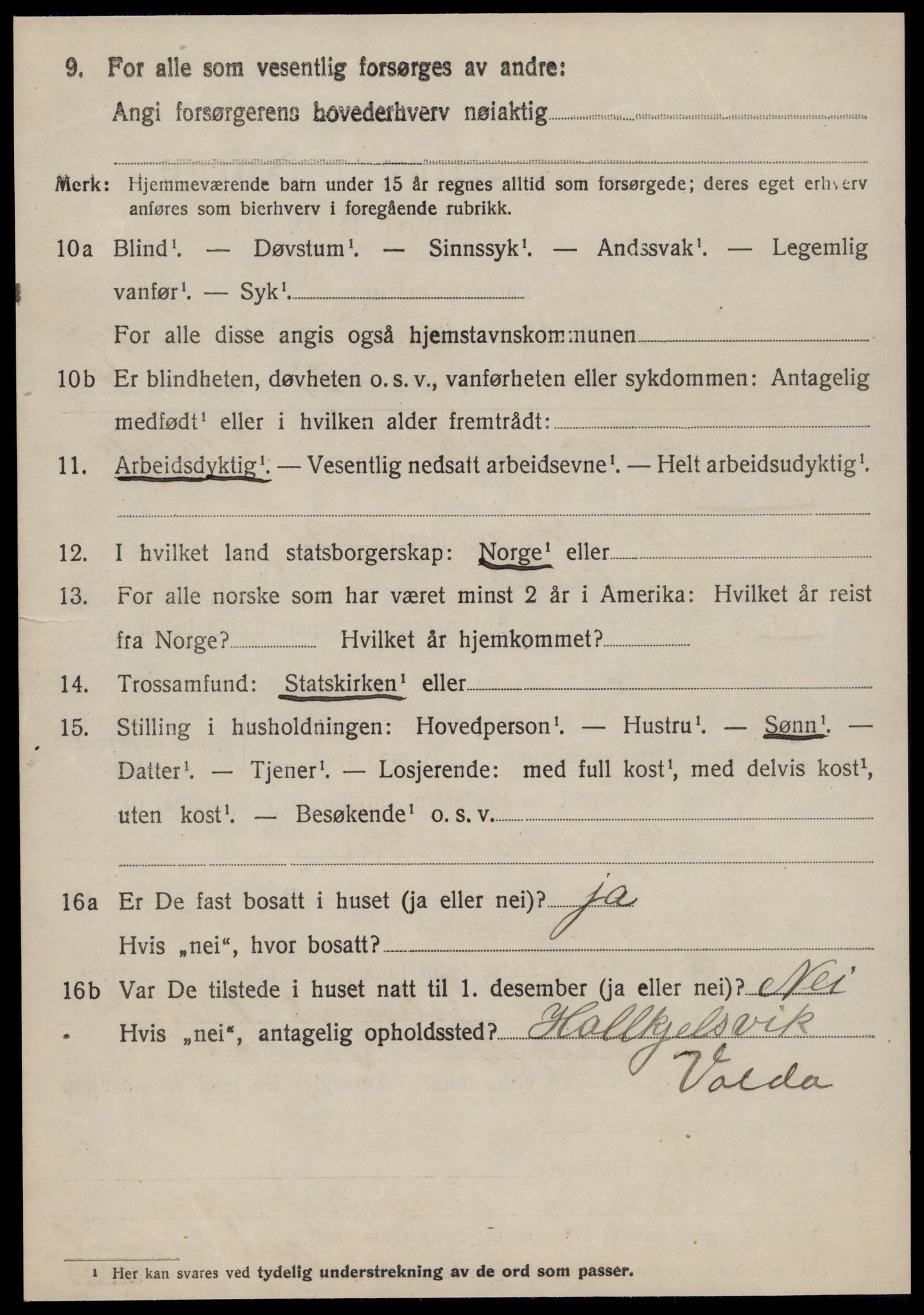 SAT, 1920 census for Volda, 1920, p. 9203