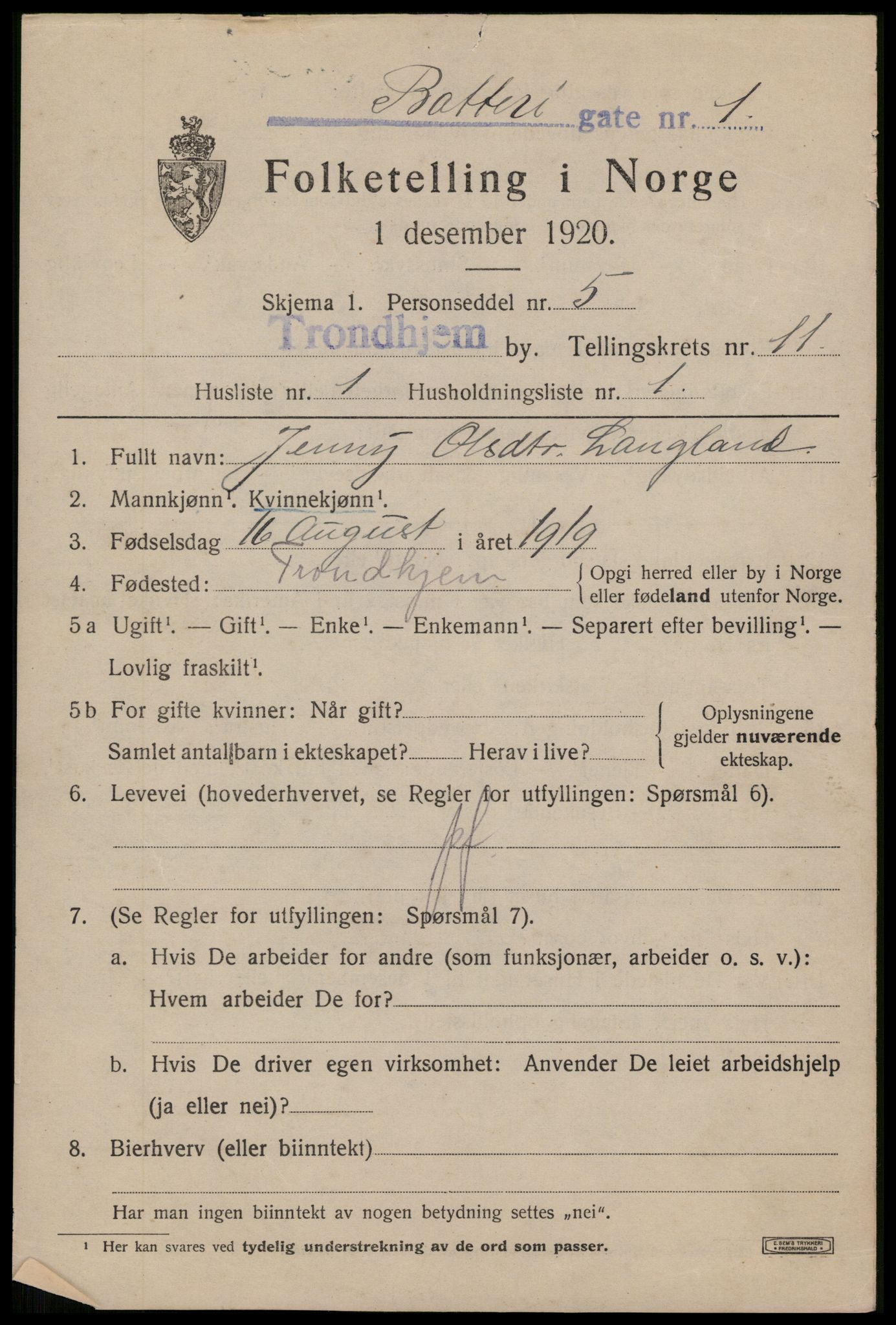 SAT, 1920 census for Trondheim, 1920, p. 46184