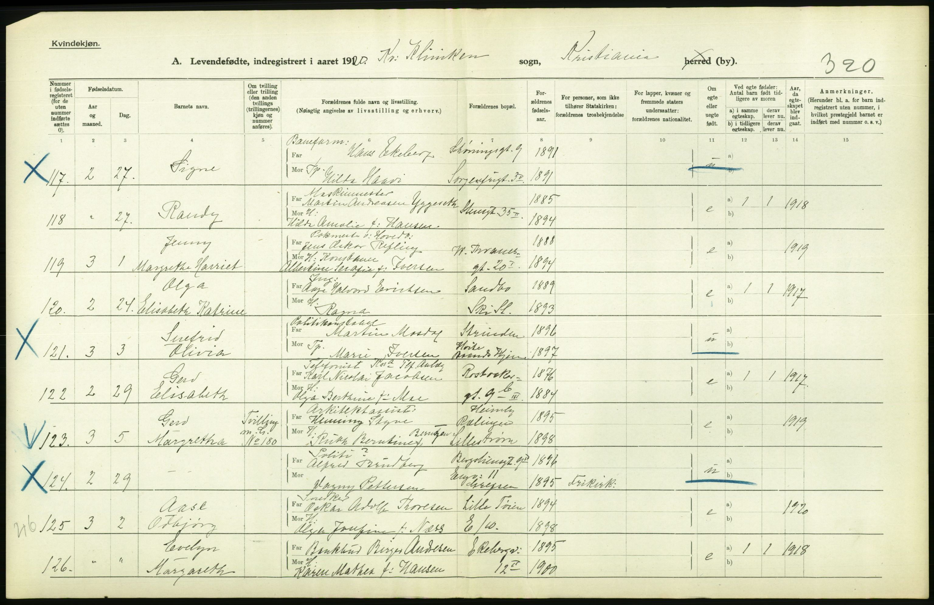 Statistisk sentralbyrå, Sosiodemografiske emner, Befolkning, AV/RA-S-2228/D/Df/Dfb/Dfbj/L0008: Kristiania: Levendefødte menn og kvinner., 1920, p. 552