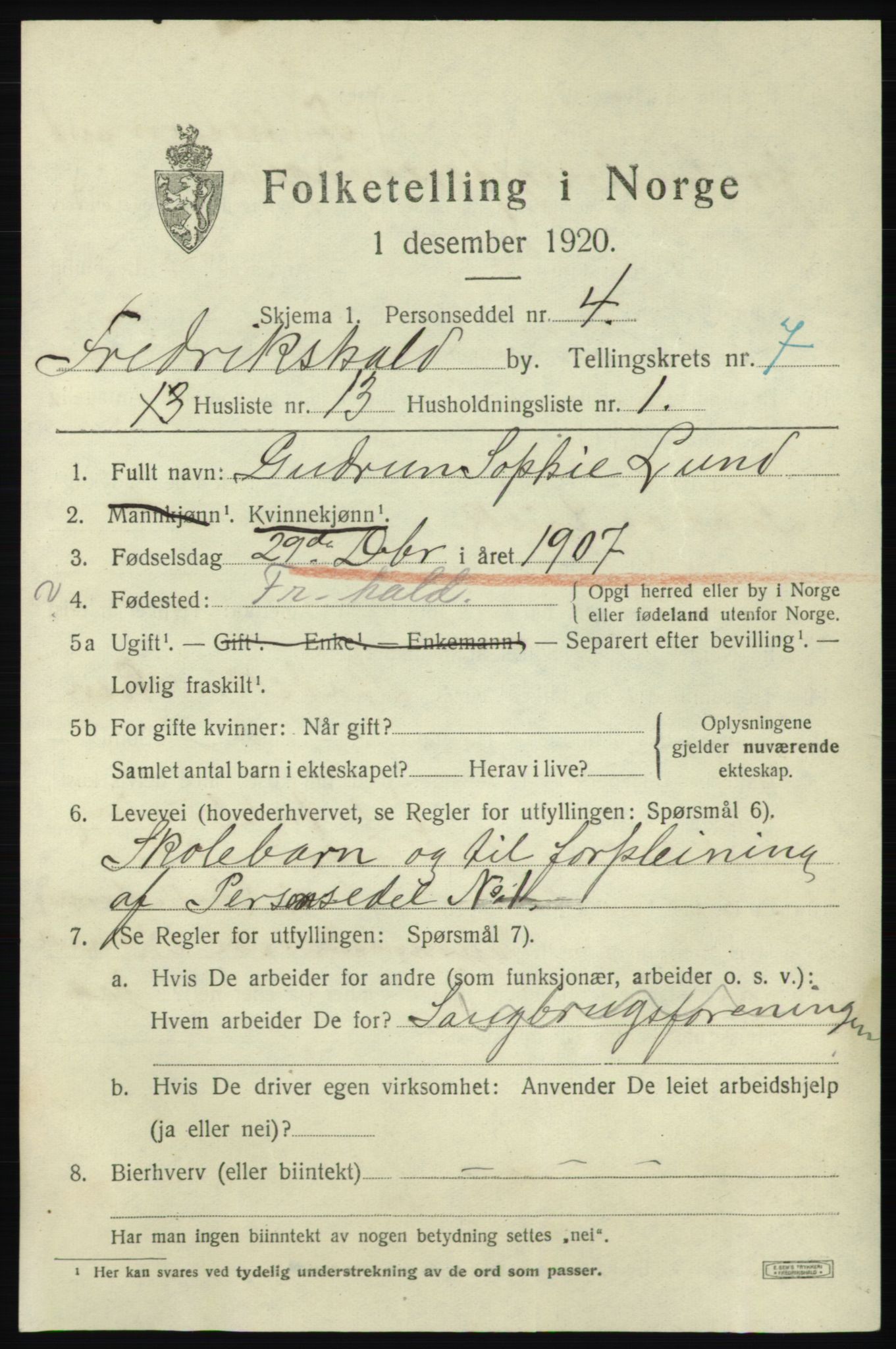 SAO, 1920 census for Fredrikshald, 1920, p. 14102