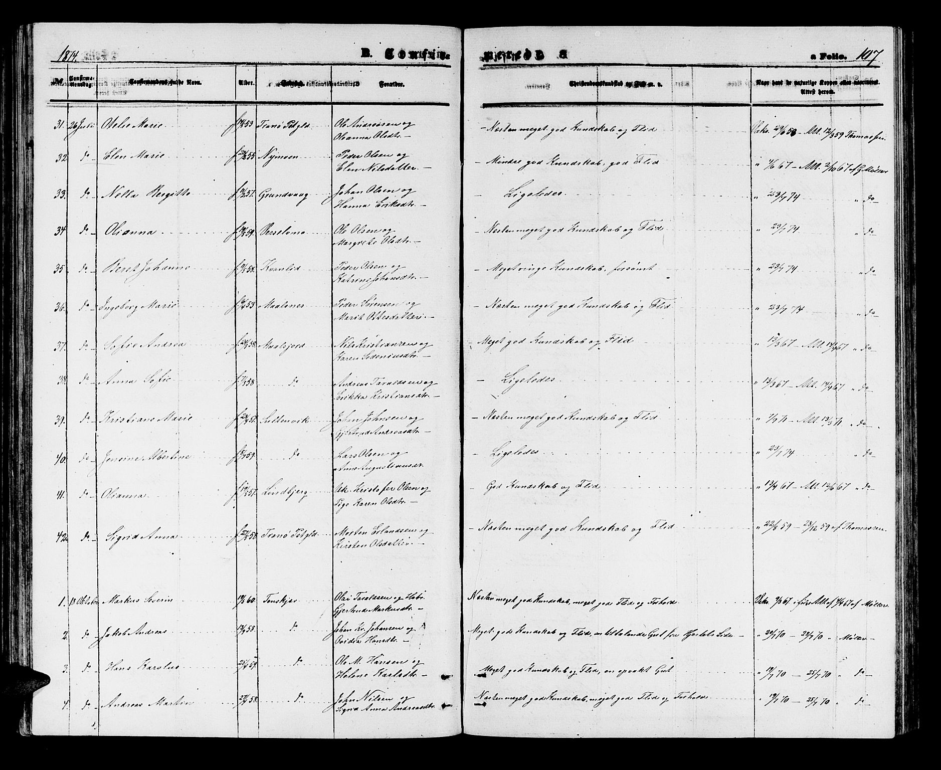 Lenvik sokneprestembete, AV/SATØ-S-1310/H/Ha/Hab/L0005klokker: Parish register (copy) no. 5, 1870-1880, p. 107