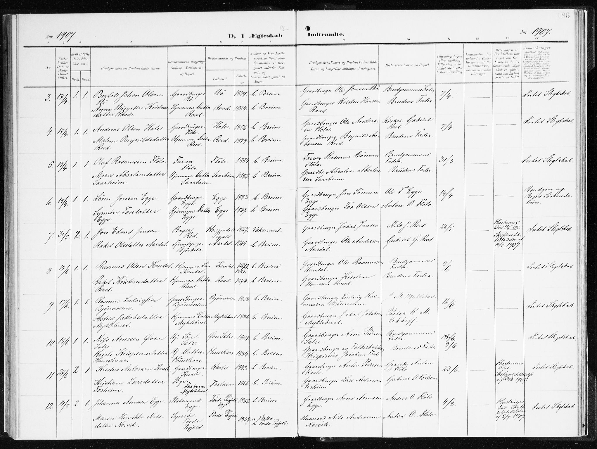 Gloppen sokneprestembete, SAB/A-80101/H/Haa/Haac/L0003: Parish register (official) no. C 3, 1904-1921, p. 186