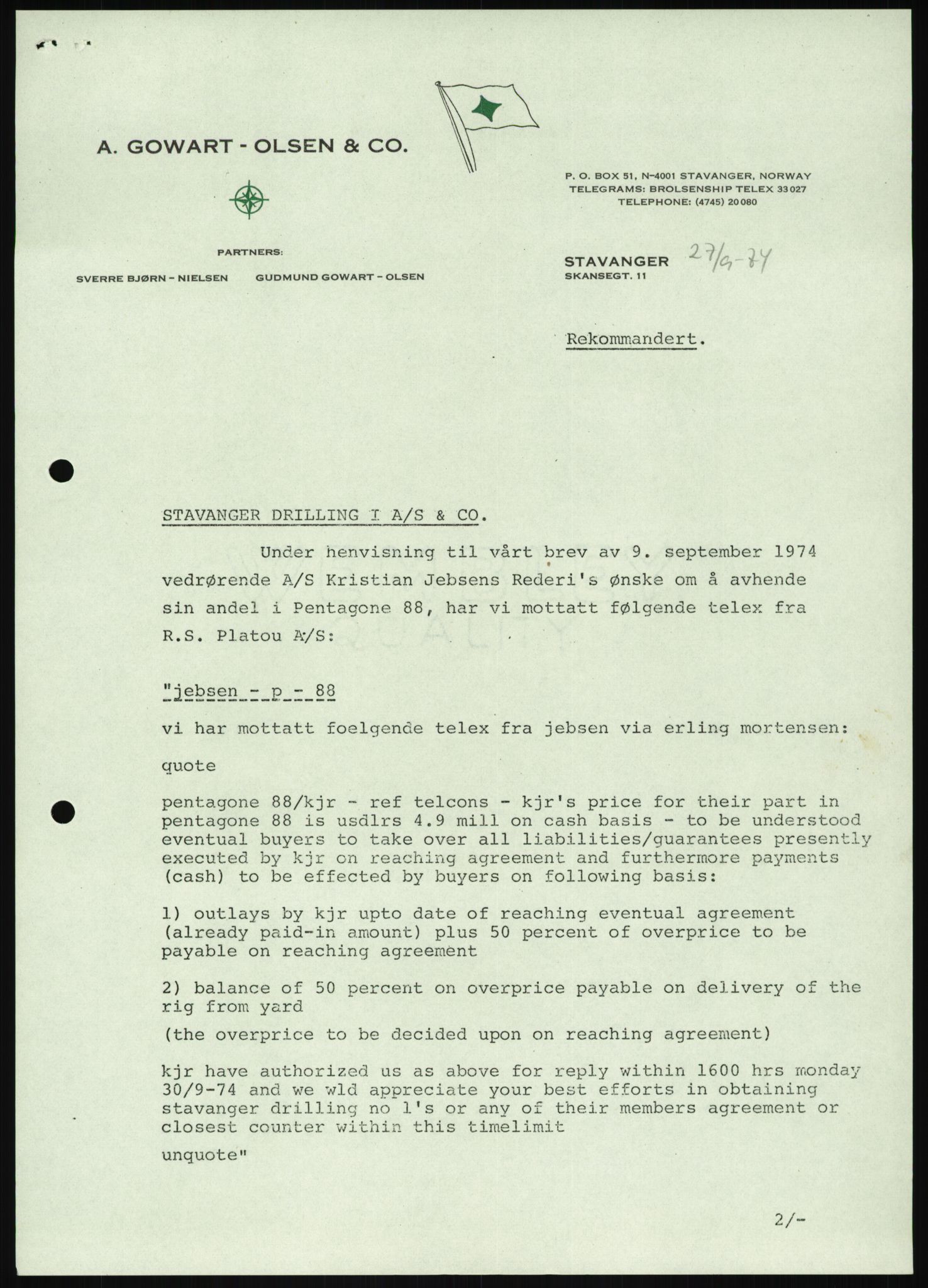 Pa 1503 - Stavanger Drilling AS, AV/SAST-A-101906/D/L0006: Korrespondanse og saksdokumenter, 1974-1984, p. 582