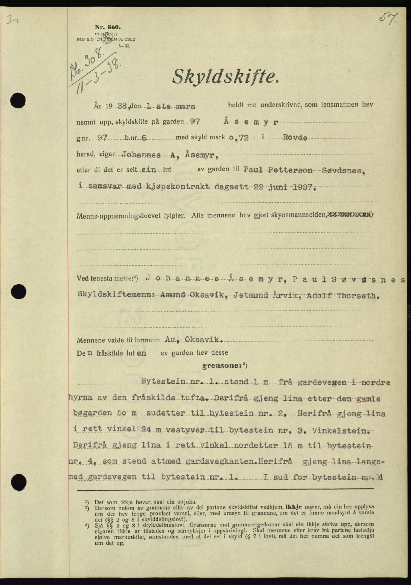 Søre Sunnmøre sorenskriveri, AV/SAT-A-4122/1/2/2C/L0065: Mortgage book no. 59, 1938-1938, Diary no: : 308/1938