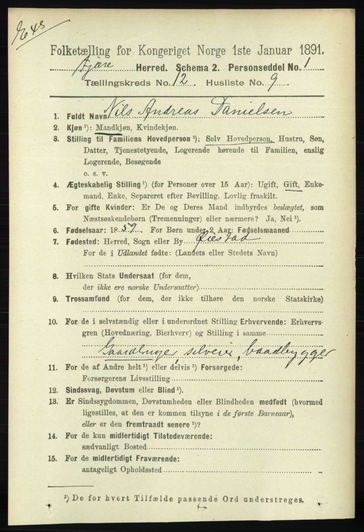 RA, Census 1891 for Nedenes amt: Gjenparter av personsedler for beslektede ektefeller, menn, 1891, p. 746