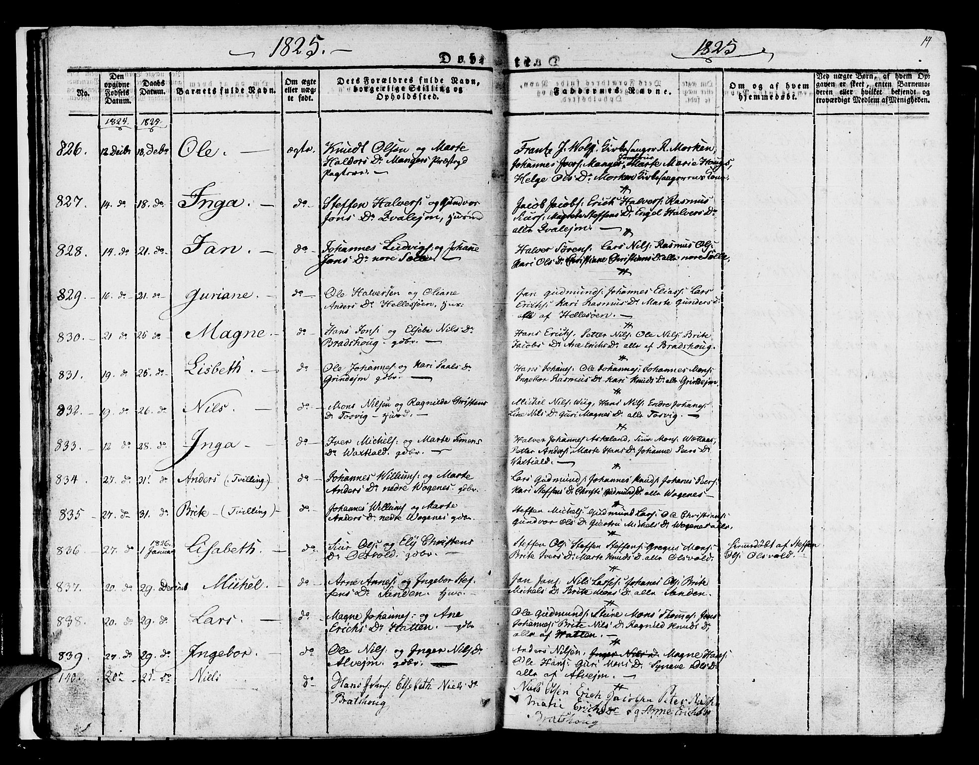 Manger sokneprestembete, SAB/A-76801/H/Haa: Parish register (official) no. A 4, 1824-1838, p. 14