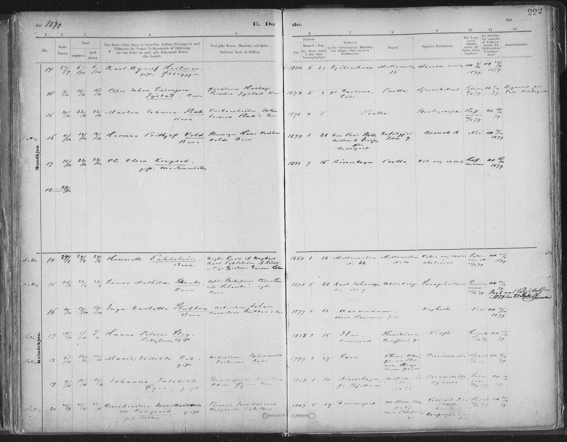 Ministerialprotokoller, klokkerbøker og fødselsregistre - Sør-Trøndelag, AV/SAT-A-1456/603/L0162: Parish register (official) no. 603A01, 1879-1895, p. 222