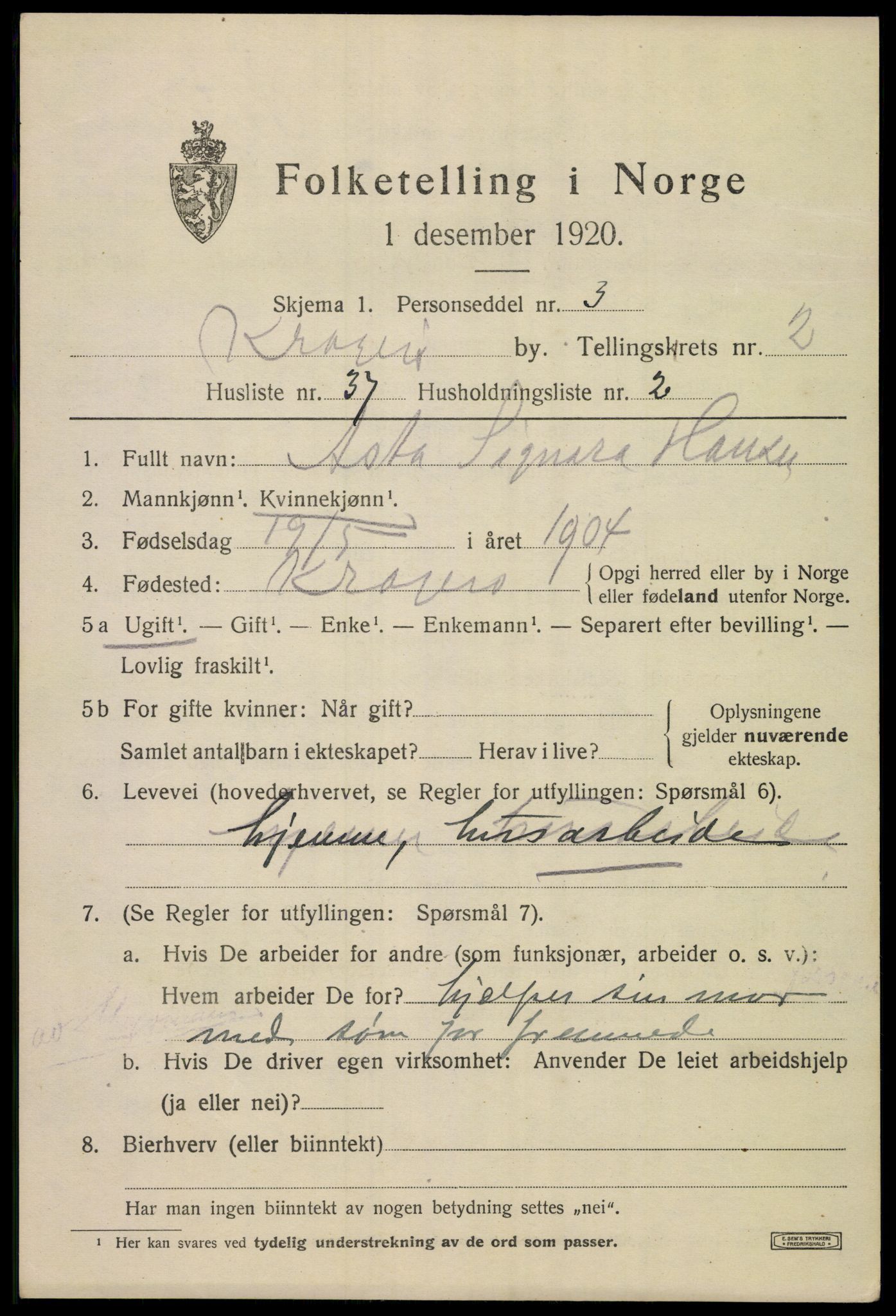 SAKO, 1920 census for Kragerø, 1920, p. 5801