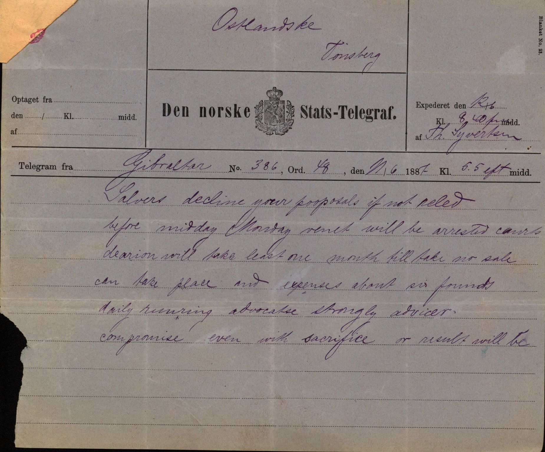 Pa 63 - Østlandske skibsassuranceforening, VEMU/A-1079/G/Ga/L0020/0003: Havaridokumenter / Anton, Diamant, Templar, Finn, Eliezer, Arctic, 1887, p. 207