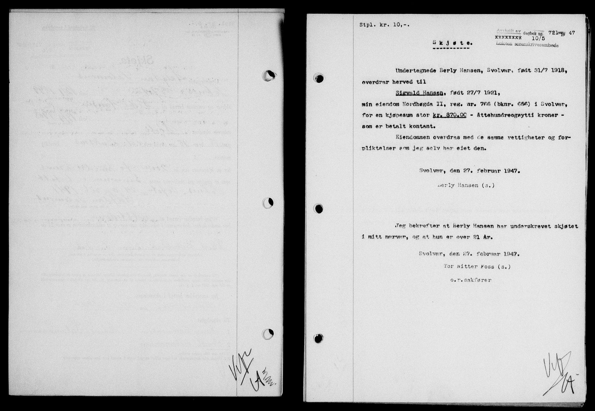 Lofoten sorenskriveri, SAT/A-0017/1/2/2C/L0016a: Mortgage book no. 16a, 1947-1947, Diary no: : 721/1947