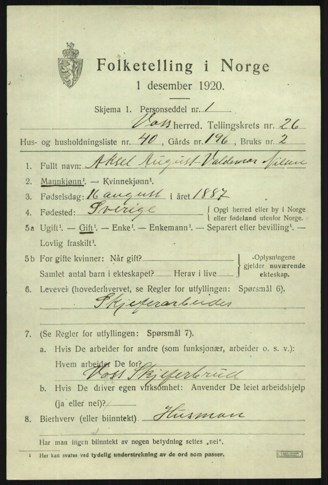 SAB, 1920 census for Voss, 1920, p. 18439