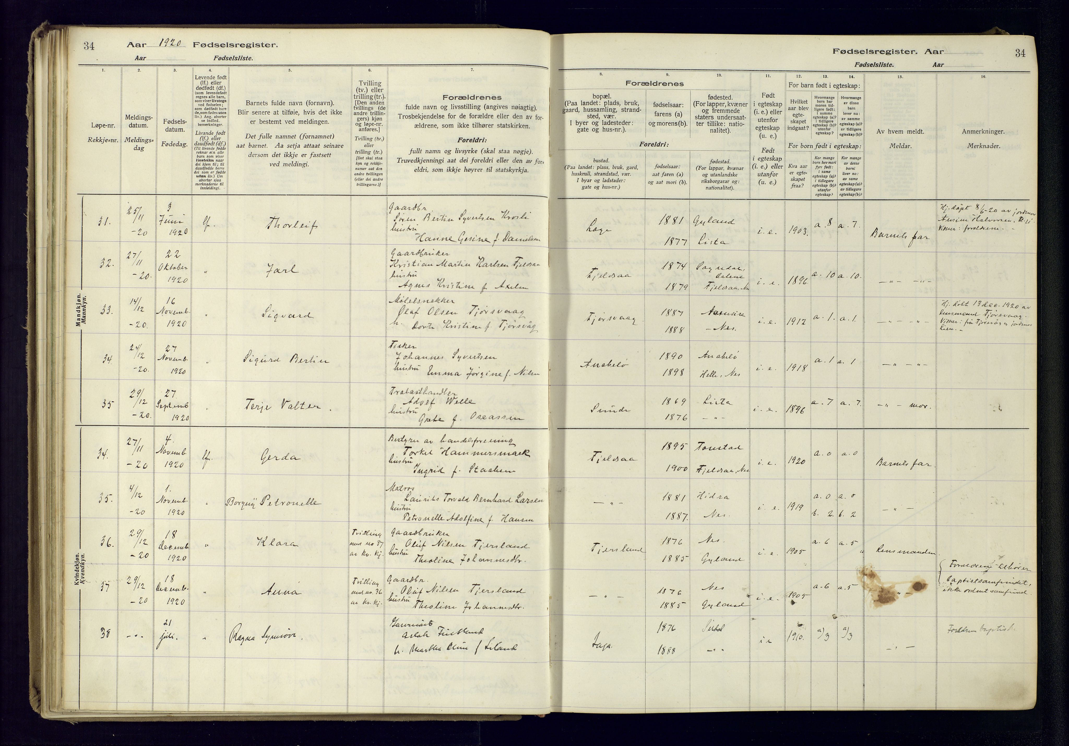 Flekkefjord sokneprestkontor, AV/SAK-1111-0012/J/Ja/L0005: Birth register no. 5, 1916-1950, p. 34