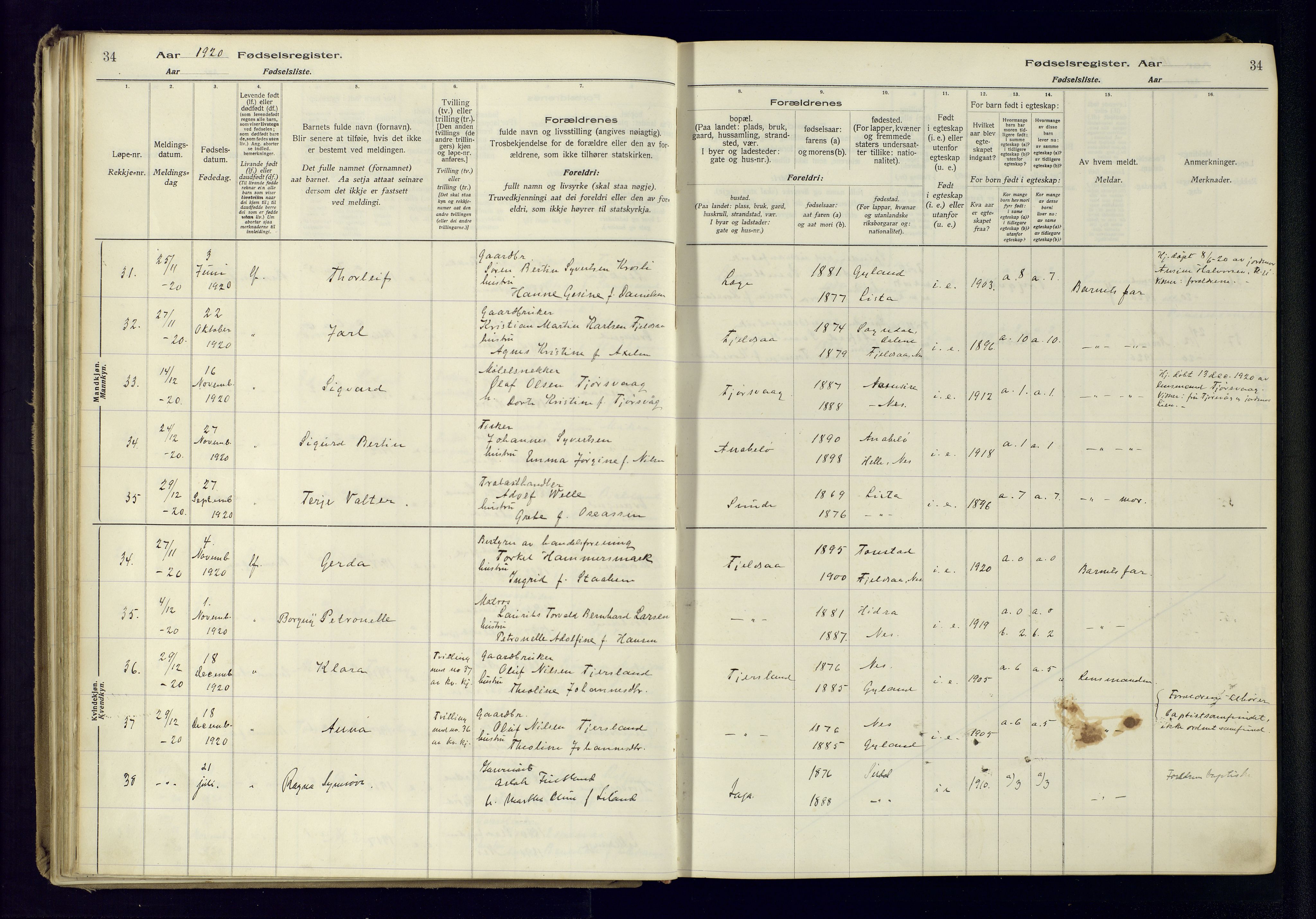 Flekkefjord sokneprestkontor, SAK/1111-0012/J/Ja/L0005: Birth register no. 5, 1916-1950, p. 34