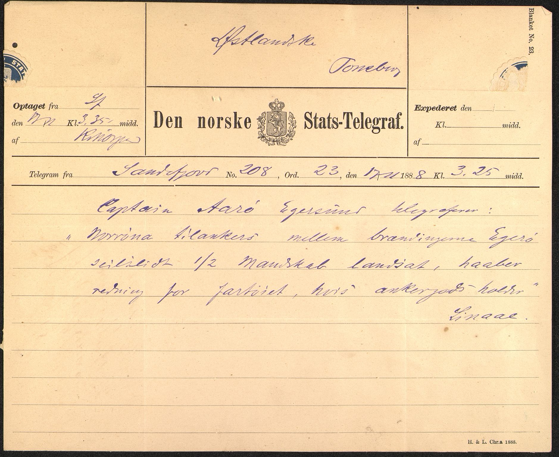 Pa 63 - Østlandske skibsassuranceforening, VEMU/A-1079/G/Ga/L0023/0001: Havaridokumenter / Carl Johan, Titania, Norrøna, Thor, Try, Louise, 1888, p. 22