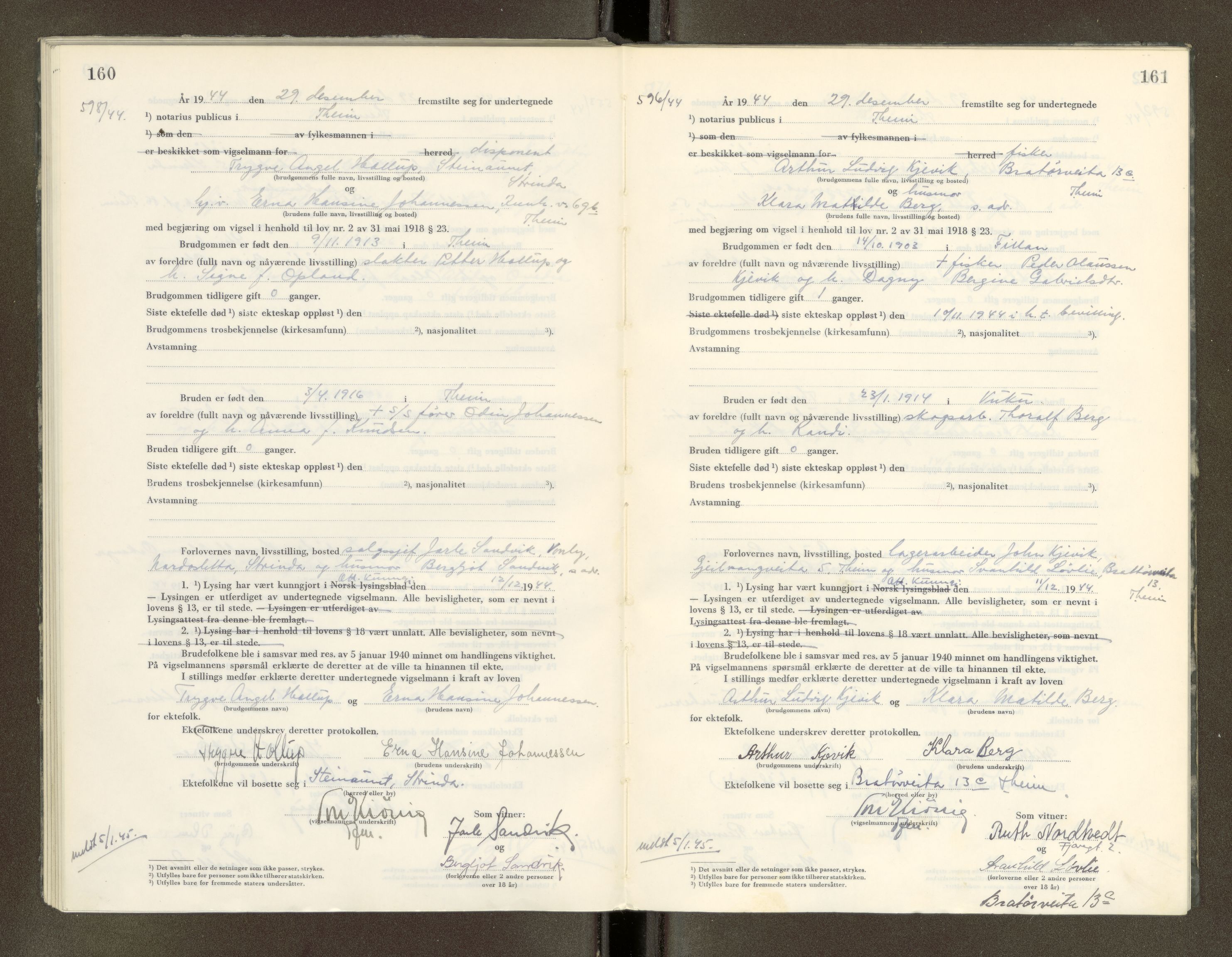 Trondheim byfogd, AV/SAT-A-0003/1/6/6D/L0005: Vigselbøker, 1944-1948, p. 160-161
