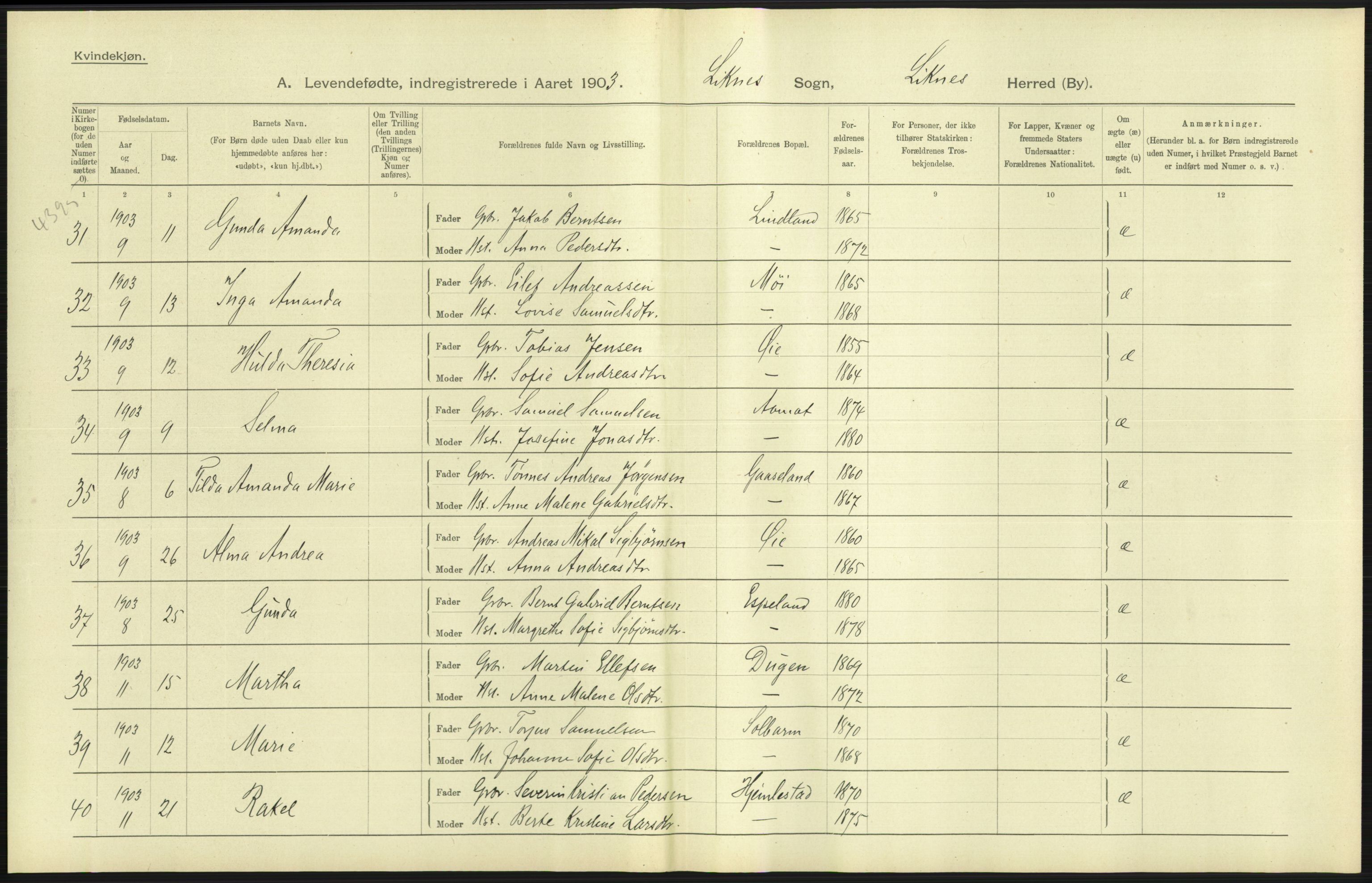 Statistisk sentralbyrå, Sosiodemografiske emner, Befolkning, AV/RA-S-2228/D/Df/Dfa/Dfaa/L0011: Lister og Mandal amt: Fødte, gifte, døde, 1903, p. 39