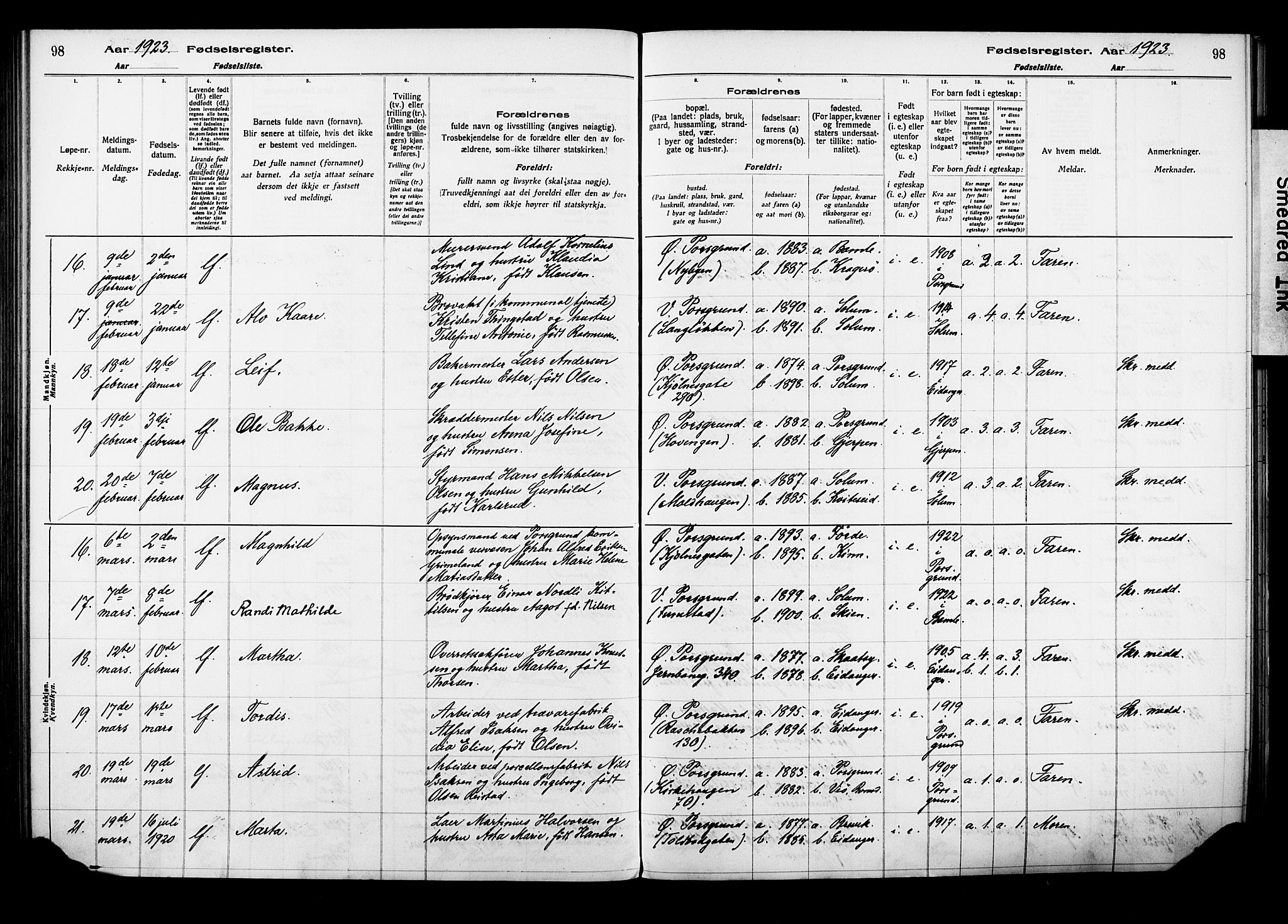 Porsgrunn kirkebøker , AV/SAKO-A-104/J/Ja/L0001: Birth register no. 1, 1916-1929, p. 98