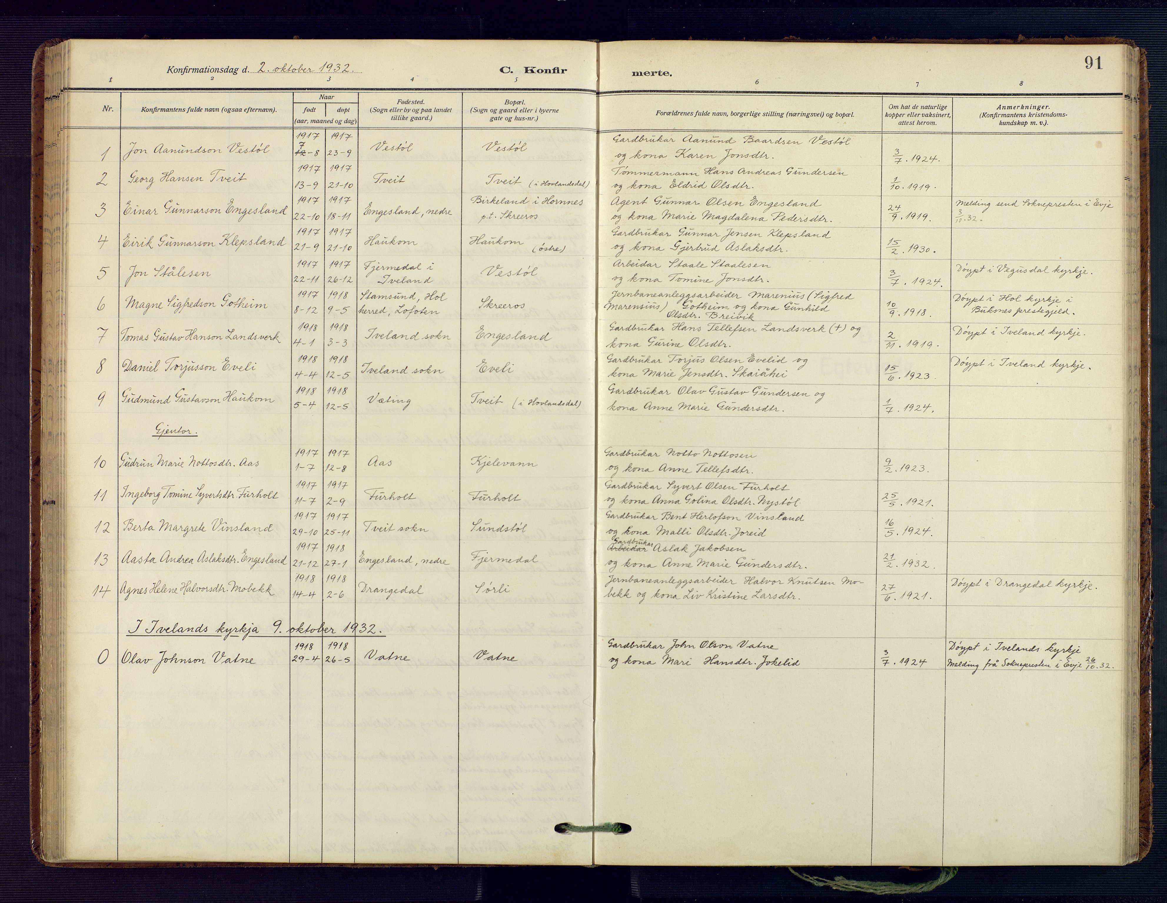 Herefoss sokneprestkontor, SAK/1111-0019/F/Fa/Fab/L0005: Parish register (official) no. A 5, 1910-1932, p. 91