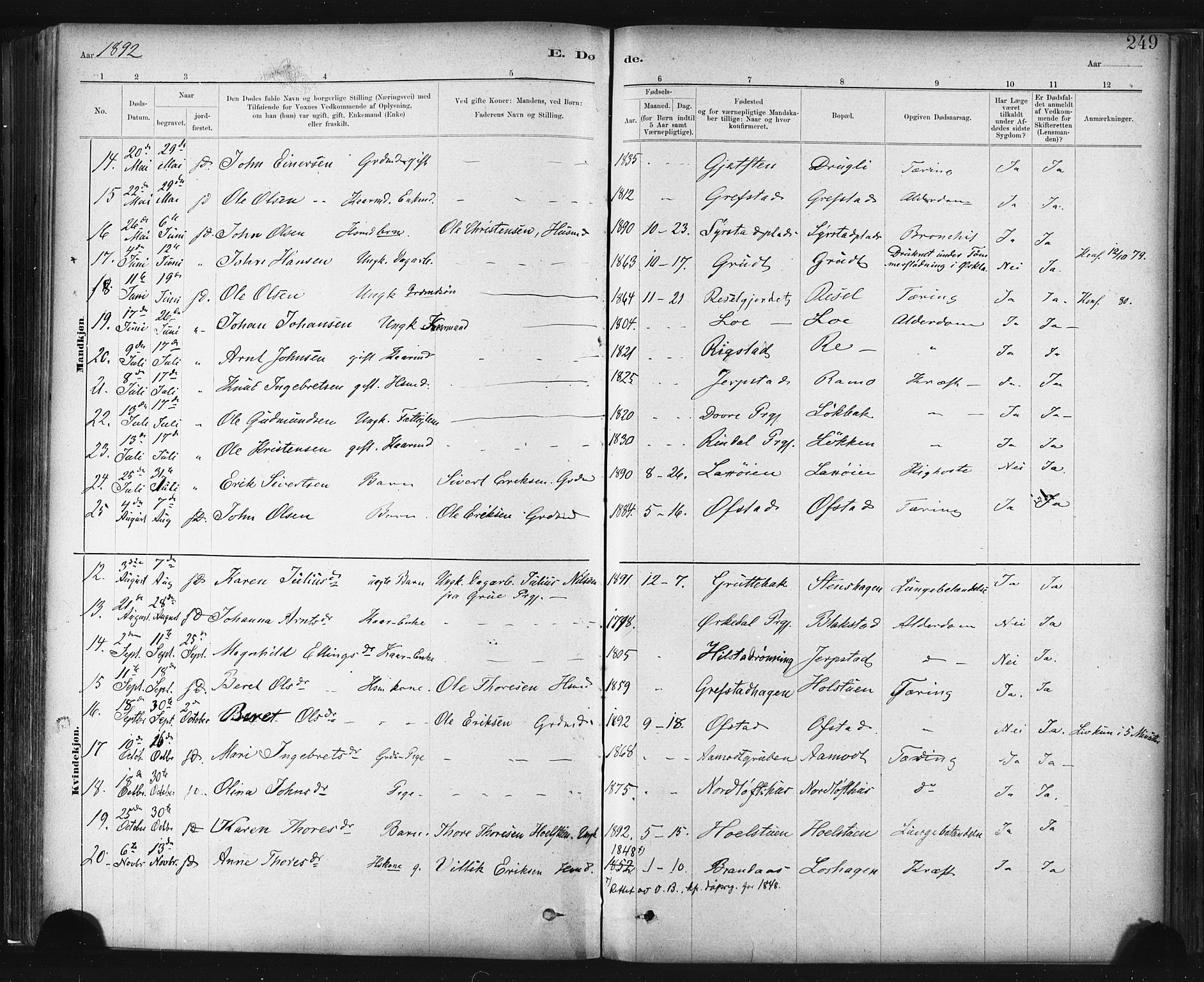 Ministerialprotokoller, klokkerbøker og fødselsregistre - Sør-Trøndelag, SAT/A-1456/672/L0857: Parish register (official) no. 672A09, 1882-1893, p. 249