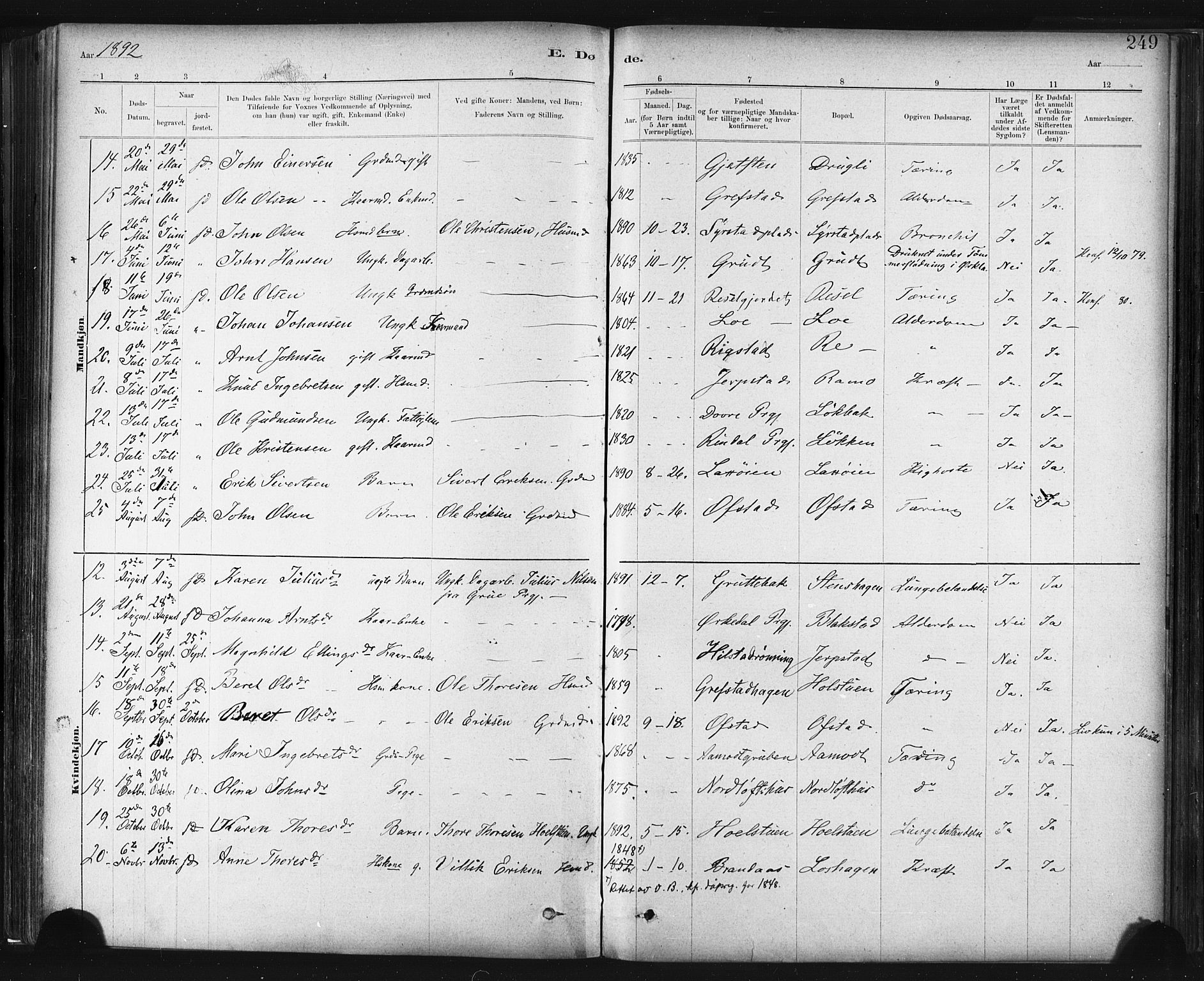 Ministerialprotokoller, klokkerbøker og fødselsregistre - Sør-Trøndelag, AV/SAT-A-1456/672/L0857: Parish register (official) no. 672A09, 1882-1893, p. 249