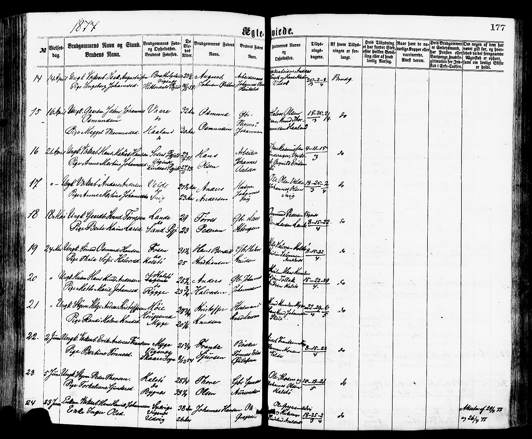 Avaldsnes sokneprestkontor, AV/SAST-A -101851/H/Ha/Haa/L0012: Parish register (official) no. A 12, 1865-1880, p. 177