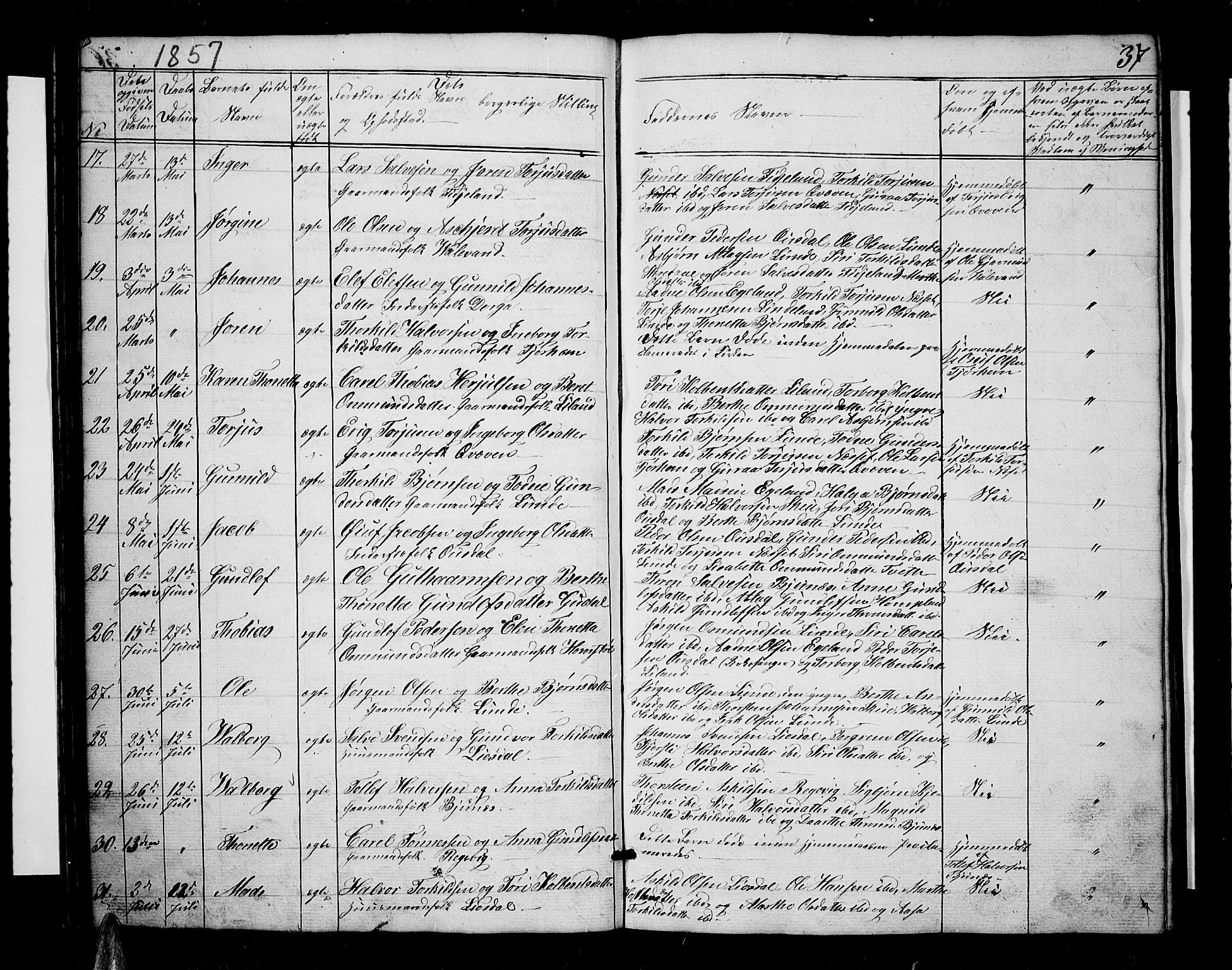 Sirdal sokneprestkontor, AV/SAK-1111-0036/F/Fb/Fbb/L0002: Parish register (copy) no. B 2, 1848-1878, p. 37