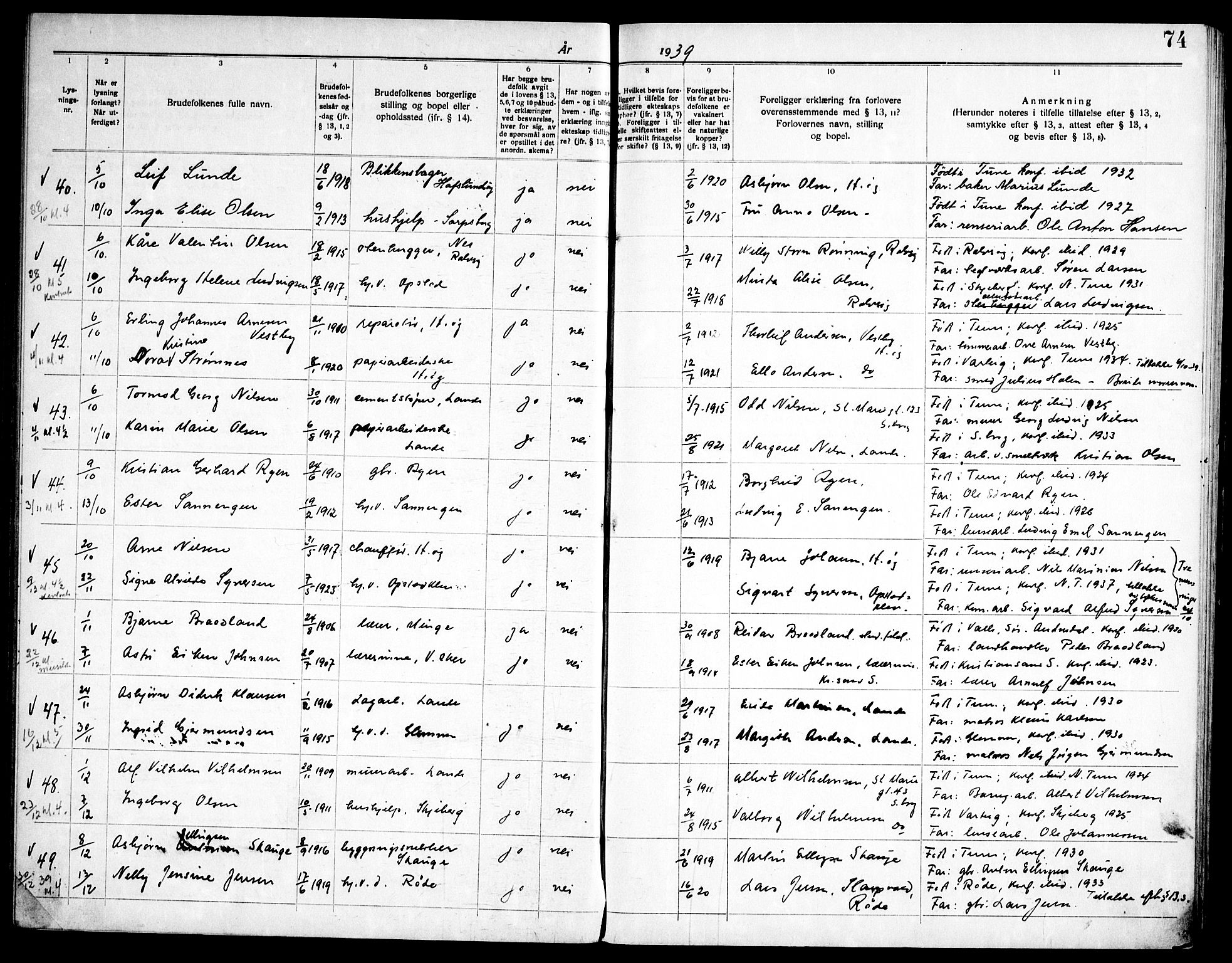 Tune prestekontor Kirkebøker, AV/SAO-A-2007/H/Ha/L0001: Banns register no. I 1, 1919-1946, p. 74