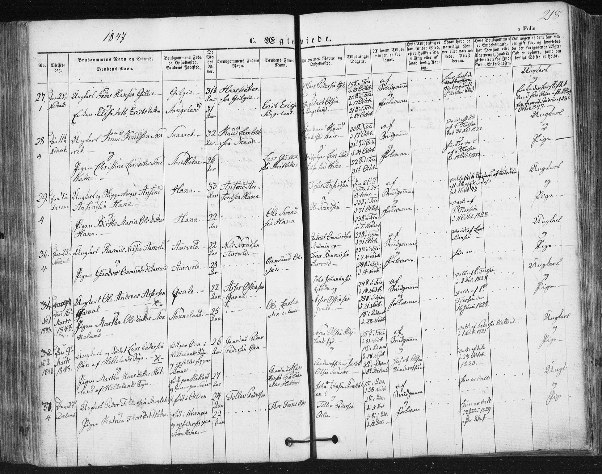 Høyland sokneprestkontor, SAST/A-101799/001/30BA/L0008: Parish register (official) no. A 8, 1841-1856, p. 218