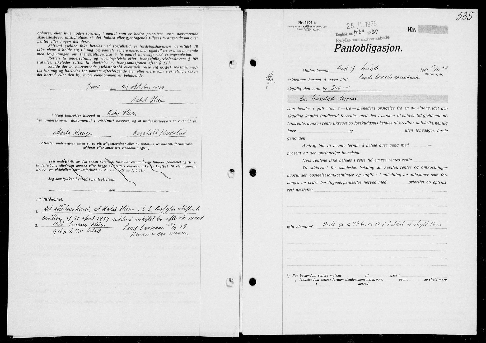 Ryfylke tingrett, AV/SAST-A-100055/001/II/IIB/L0080: Mortgage book no. 59, 1939-1939, Diary no: : 1464/1939