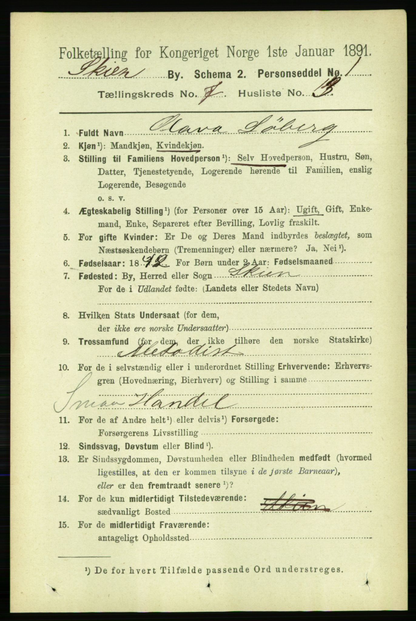 RA, 1891 census for 0806 Skien, 1891, p. 3237