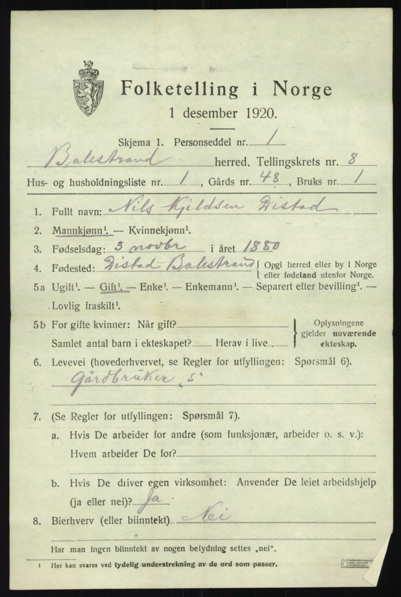 SAB, 1920 census for Balestrand, 1920, p. 3366