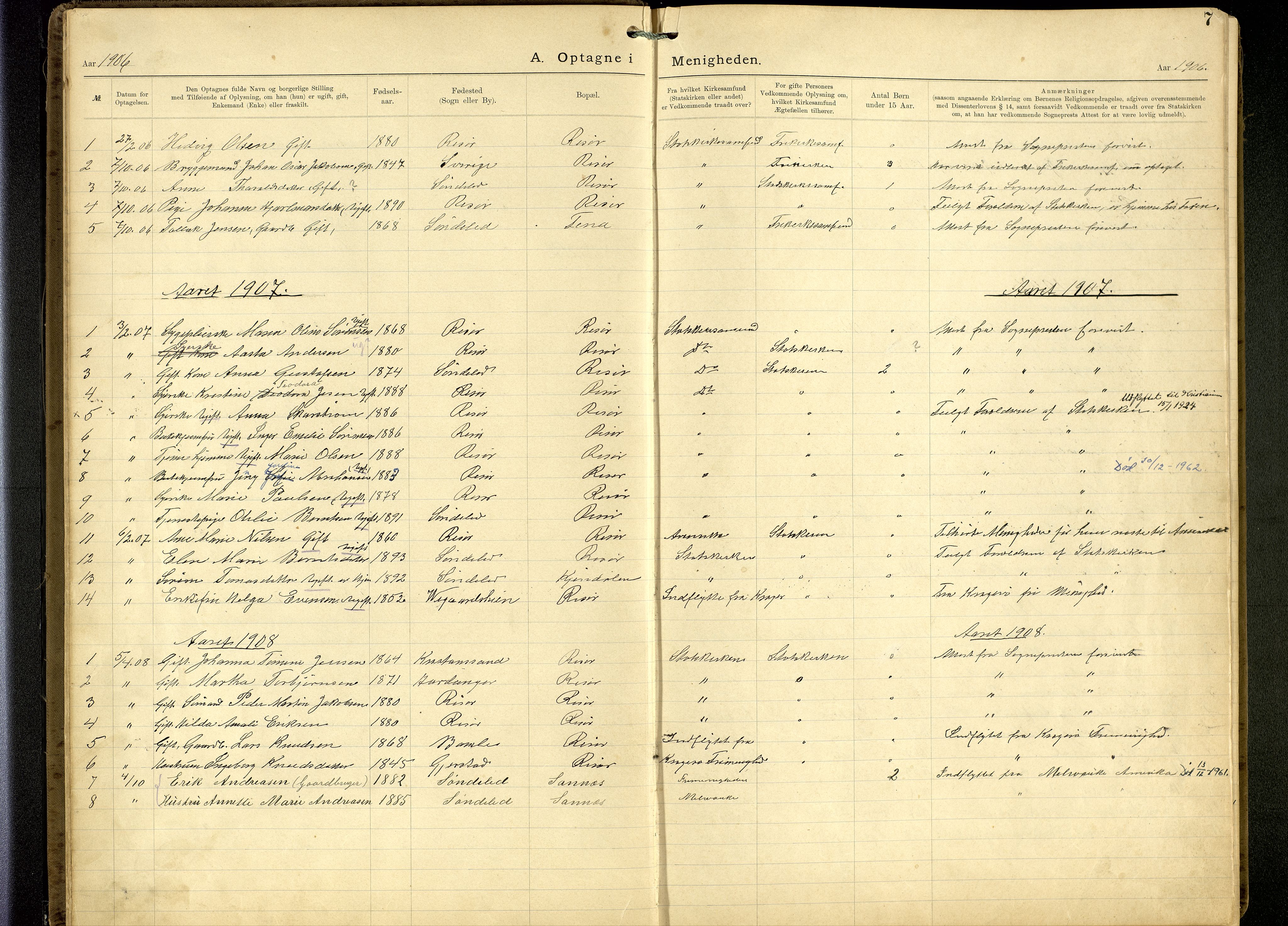 Den evangelisk-lutherske frimenighet, Risør, AV/SAK-1292-0007/F/Fa/L0002: Dissenter register no. F 18, 1892-1954, p. 7