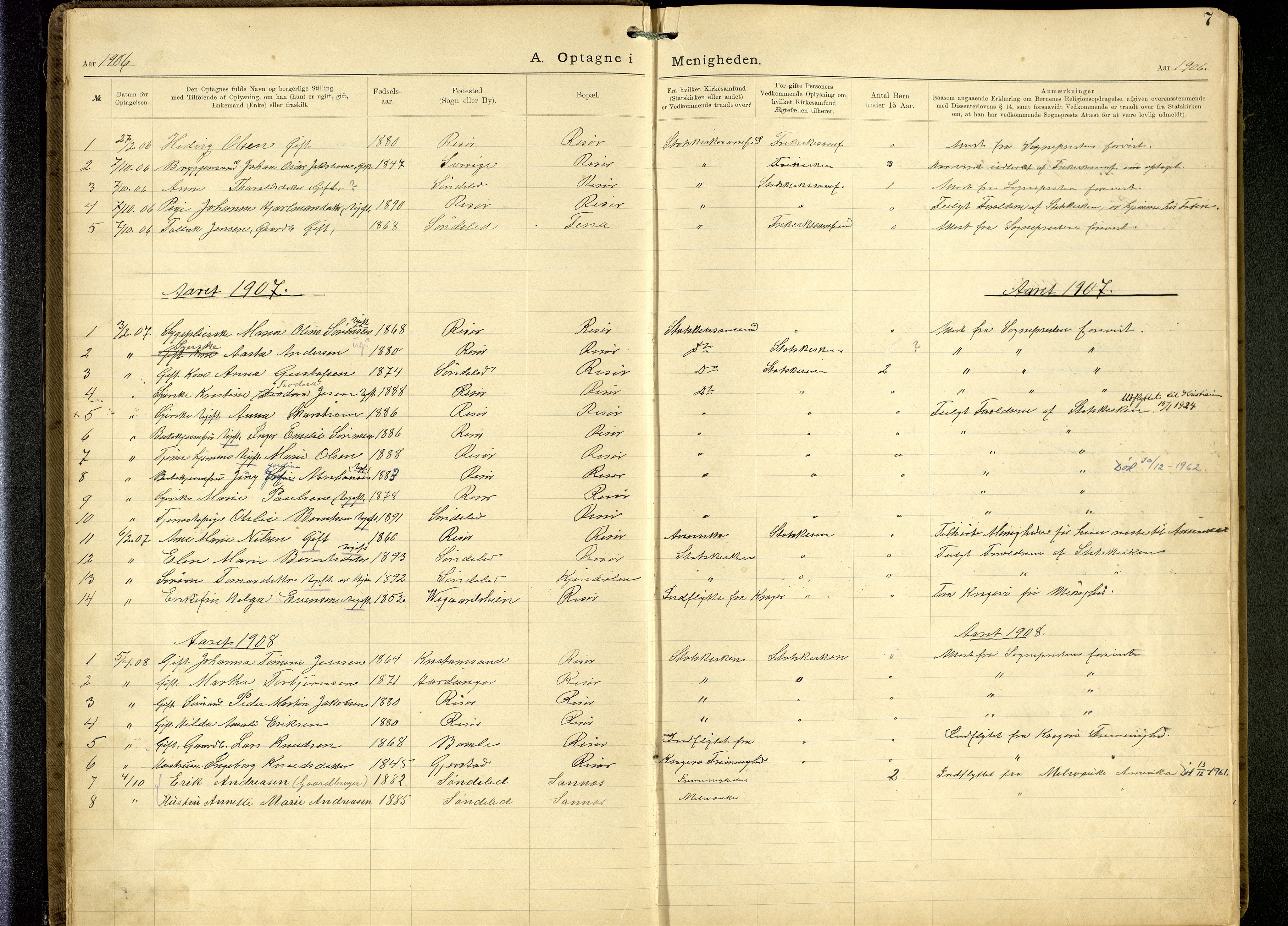 Den evangelisk-lutherske frimenighet, Risør, SAK/1292-0007/F/Fa/L0002: Dissenter register no. F 18, 1892-1954, p. 7