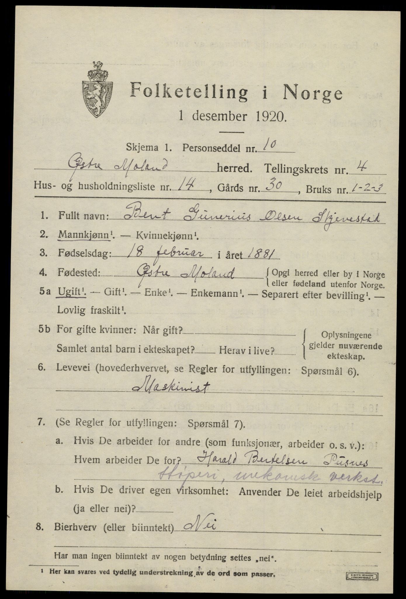 SAK, 1920 census for Austre Moland, 1920, p. 2209