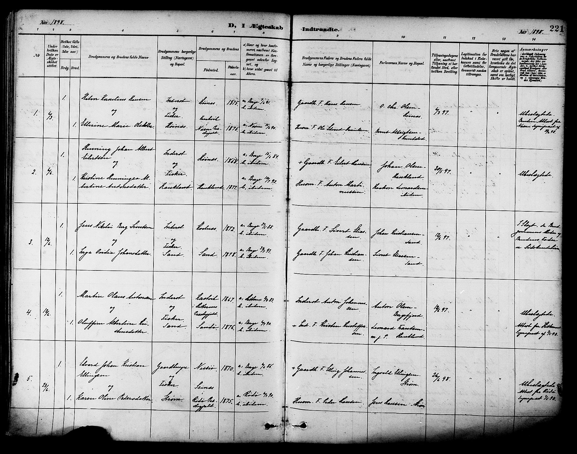 Ministerialprotokoller, klokkerbøker og fødselsregistre - Nordland, SAT/A-1459/880/L1133: Parish register (official) no. 880A07, 1888-1898, p. 221