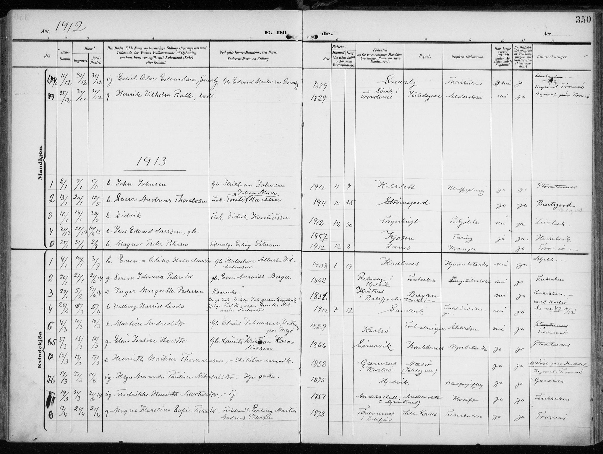 Tromsøysund sokneprestkontor, AV/SATØ-S-1304/G/Ga/L0007kirke: Parish register (official) no. 7, 1907-1914, p. 350