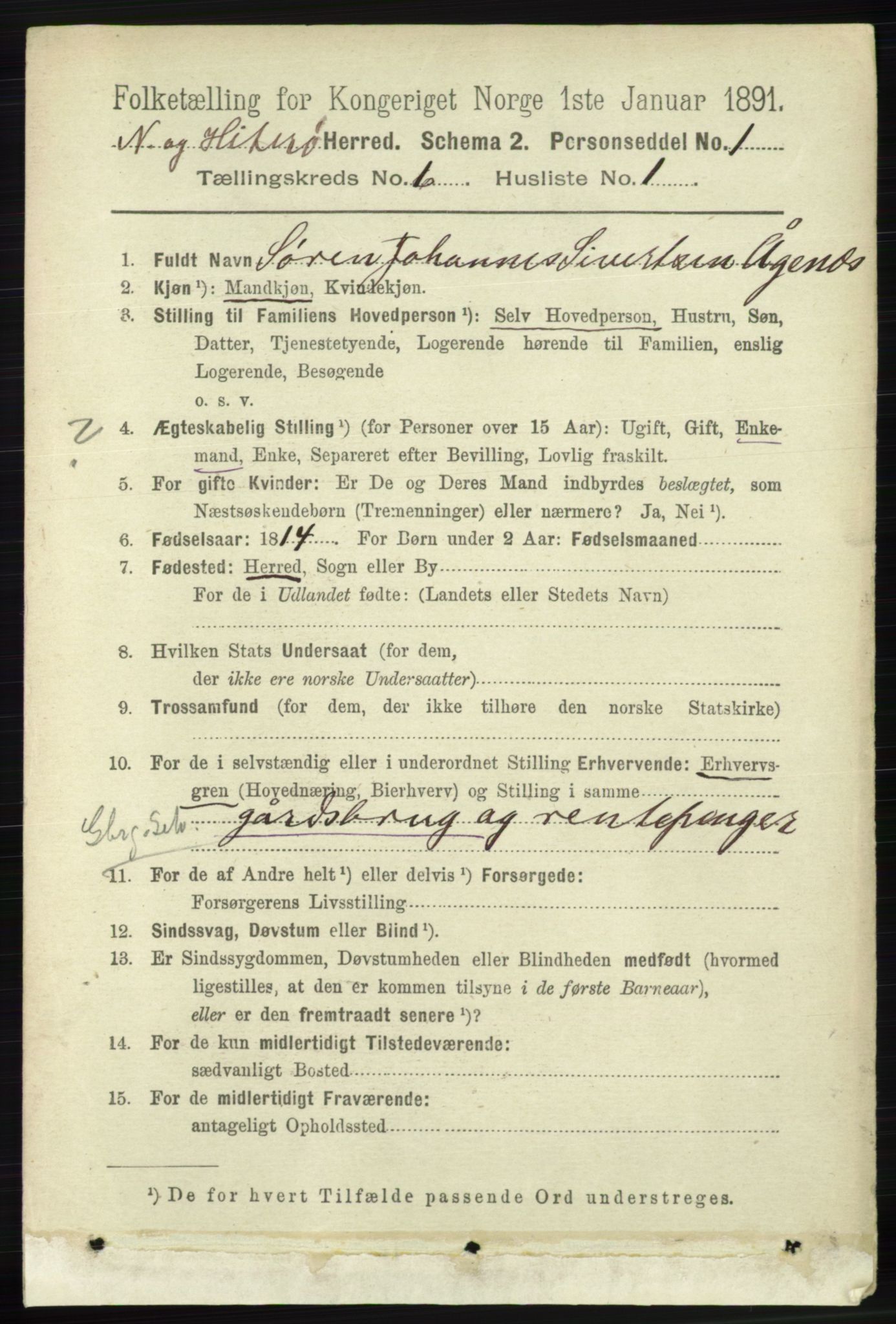 RA, 1891 census for 1043 Hidra og Nes, 1891, p. 2246