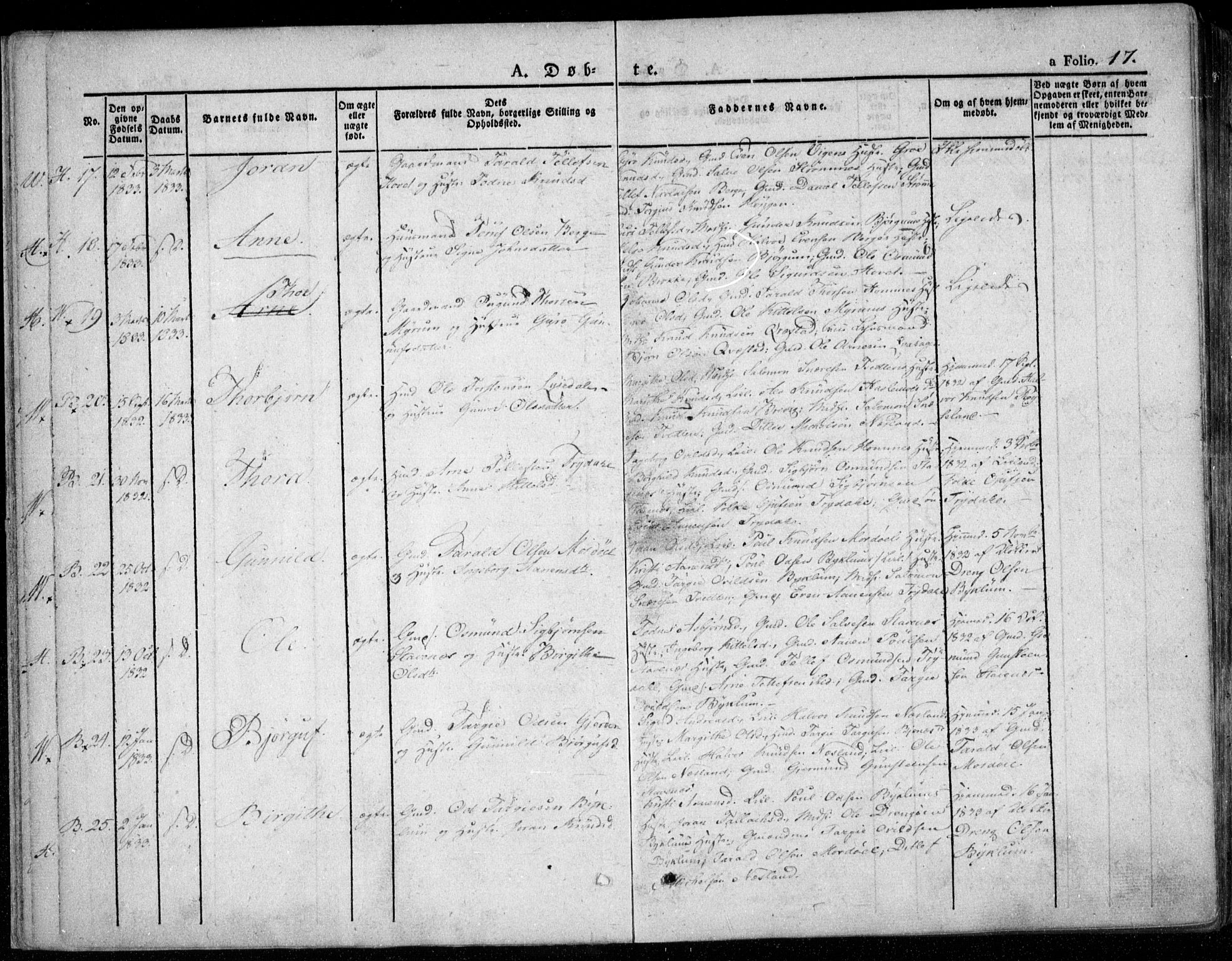 Valle sokneprestkontor, AV/SAK-1111-0044/F/Fa/Fac/L0006: Parish register (official) no. A 6, 1831-1853, p. 17