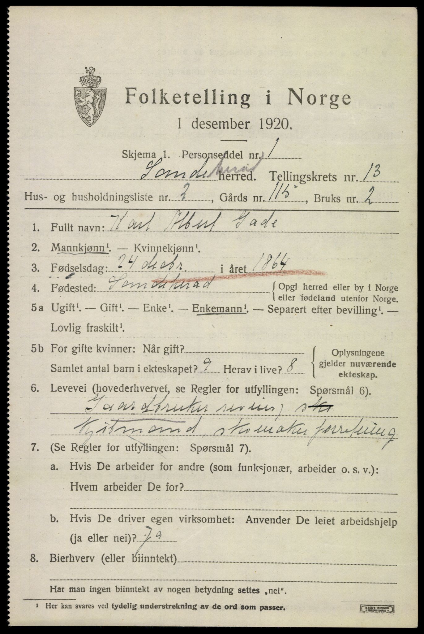 SAKO, 1920 census for Sandeherred, 1920, p. 19112