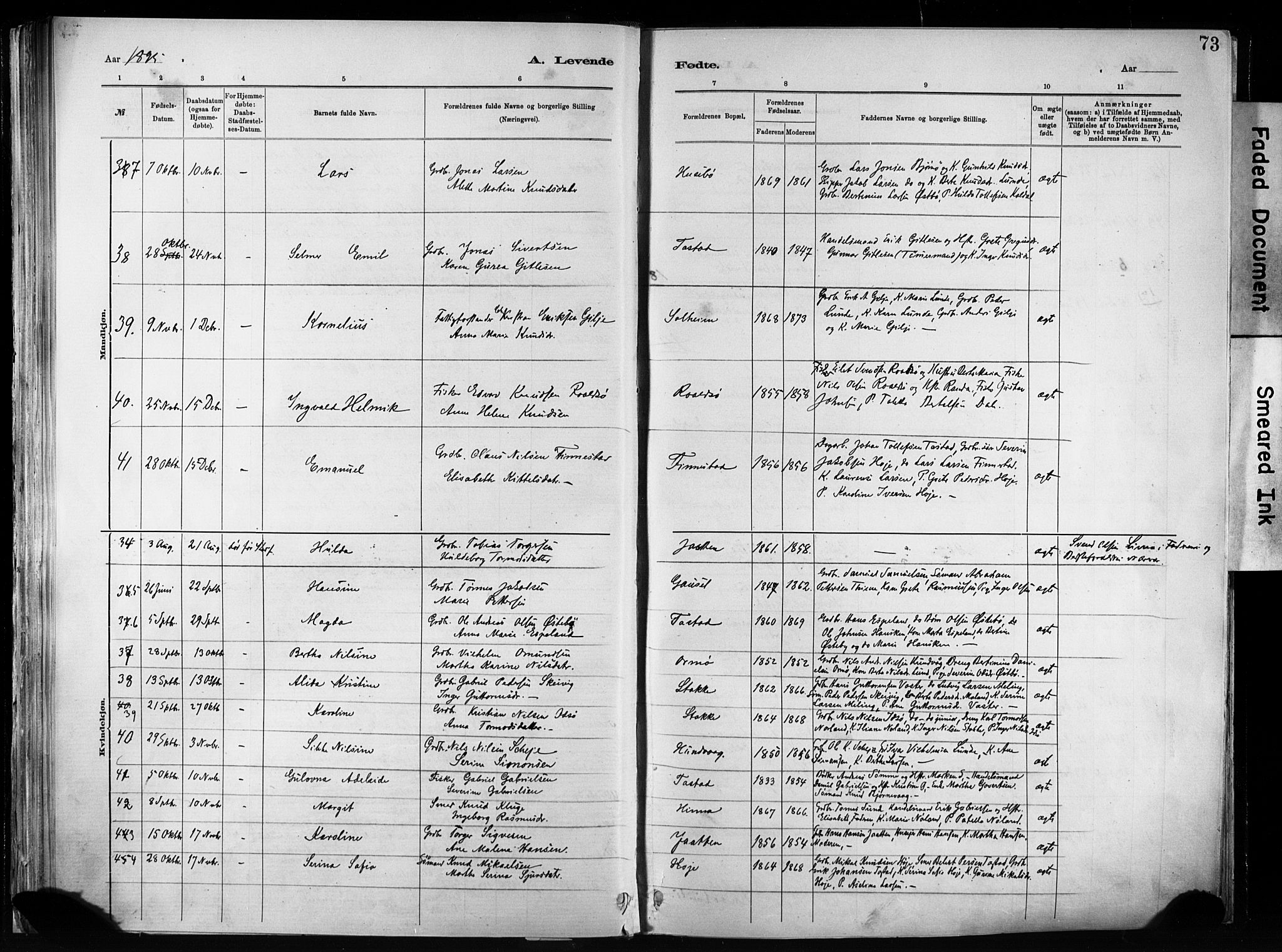 Hetland sokneprestkontor, SAST/A-101826/30/30BA/L0011: Parish register (official) no. A 11, 1884-1911, p. 73