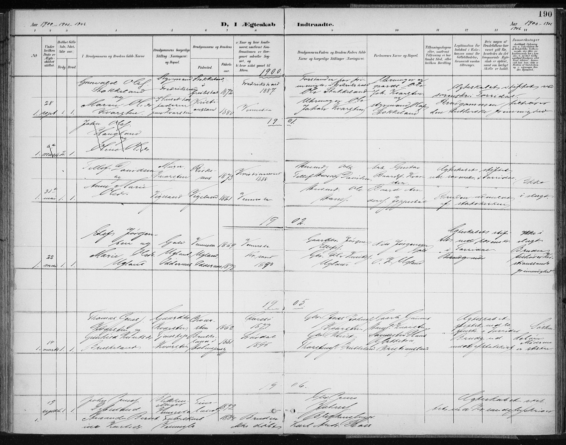 Vennesla sokneprestkontor, SAK/1111-0045/Fa/Fab/L0005: Parish register (official) no. A 5, 1897-1909, p. 190